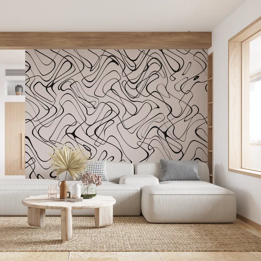 Abstract line wallpaper in a beige room