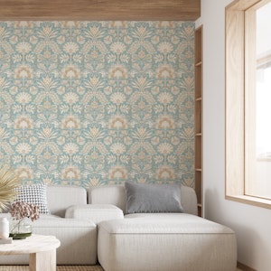 Botanic Damask Cream Aqua Blue Rust
