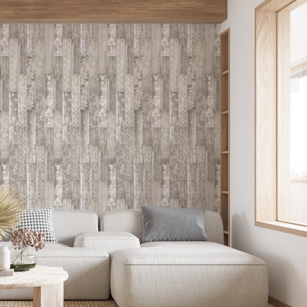 Vintage Wood Tiles Pattern Beige White