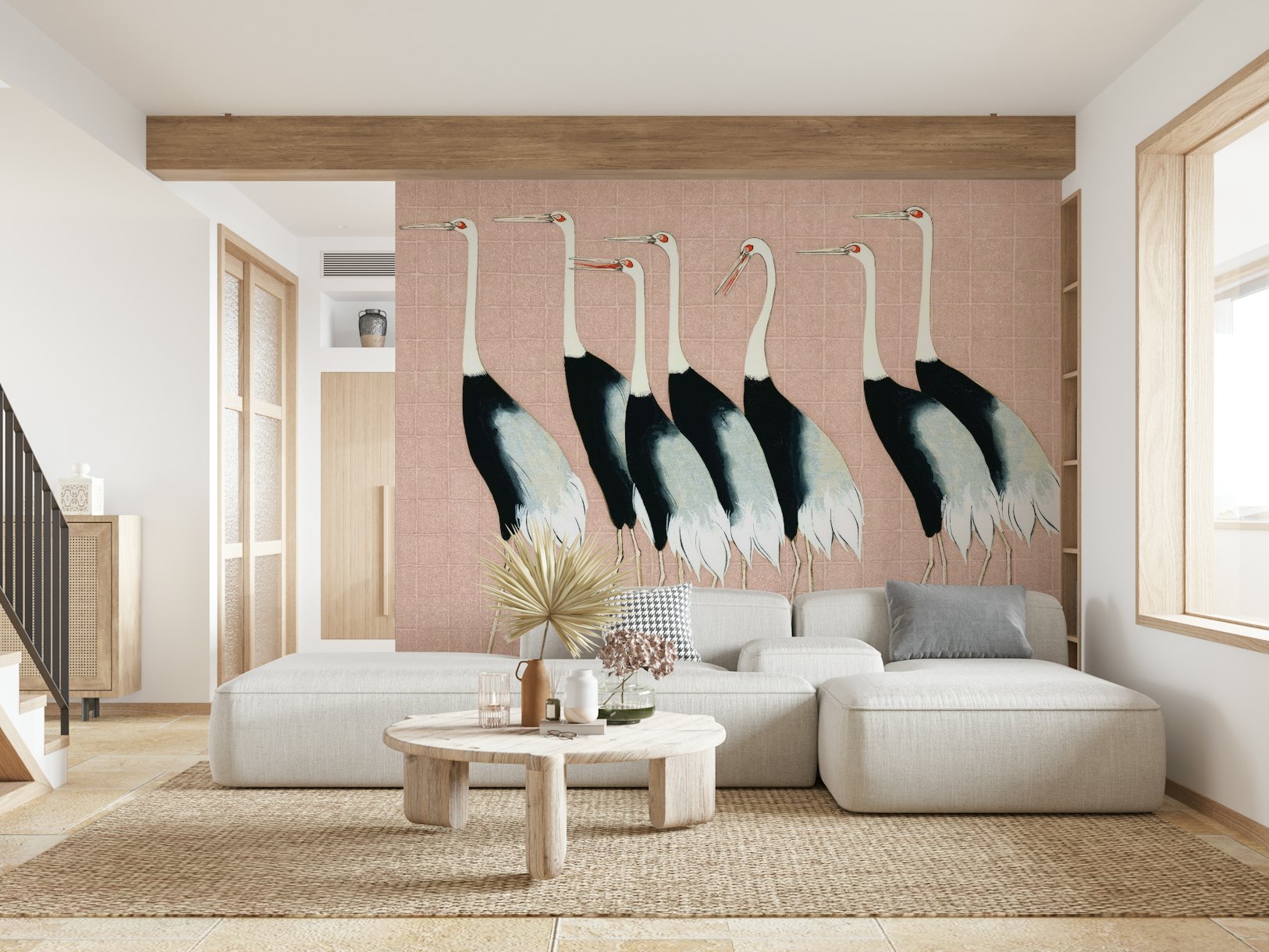Japan Cranes on Beige Pink wallpaper