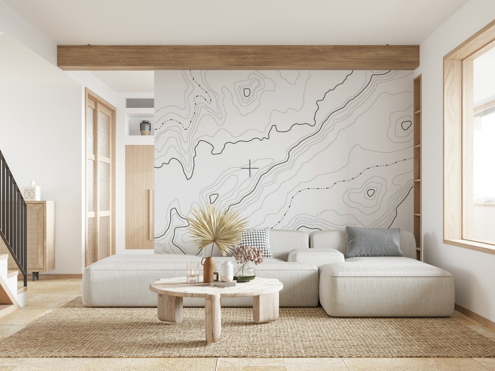 Elegant white topographic map wallpaper design in a room