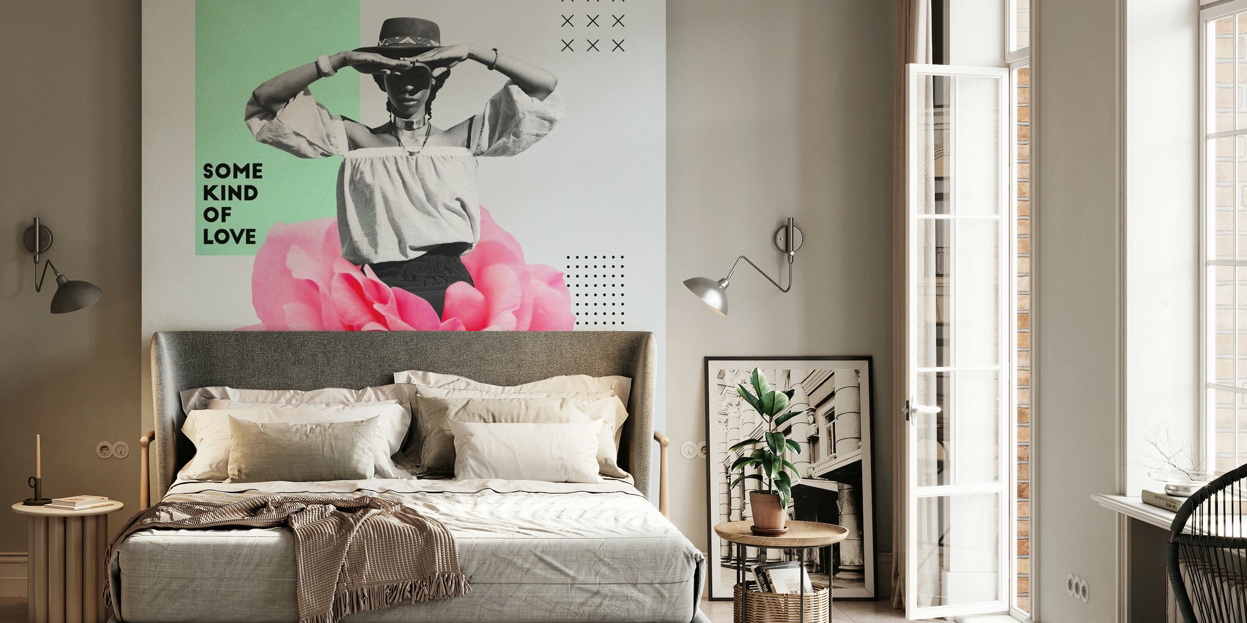 Boho Chic wall mural with a pink rose and a stylish figure against a modernistic background
