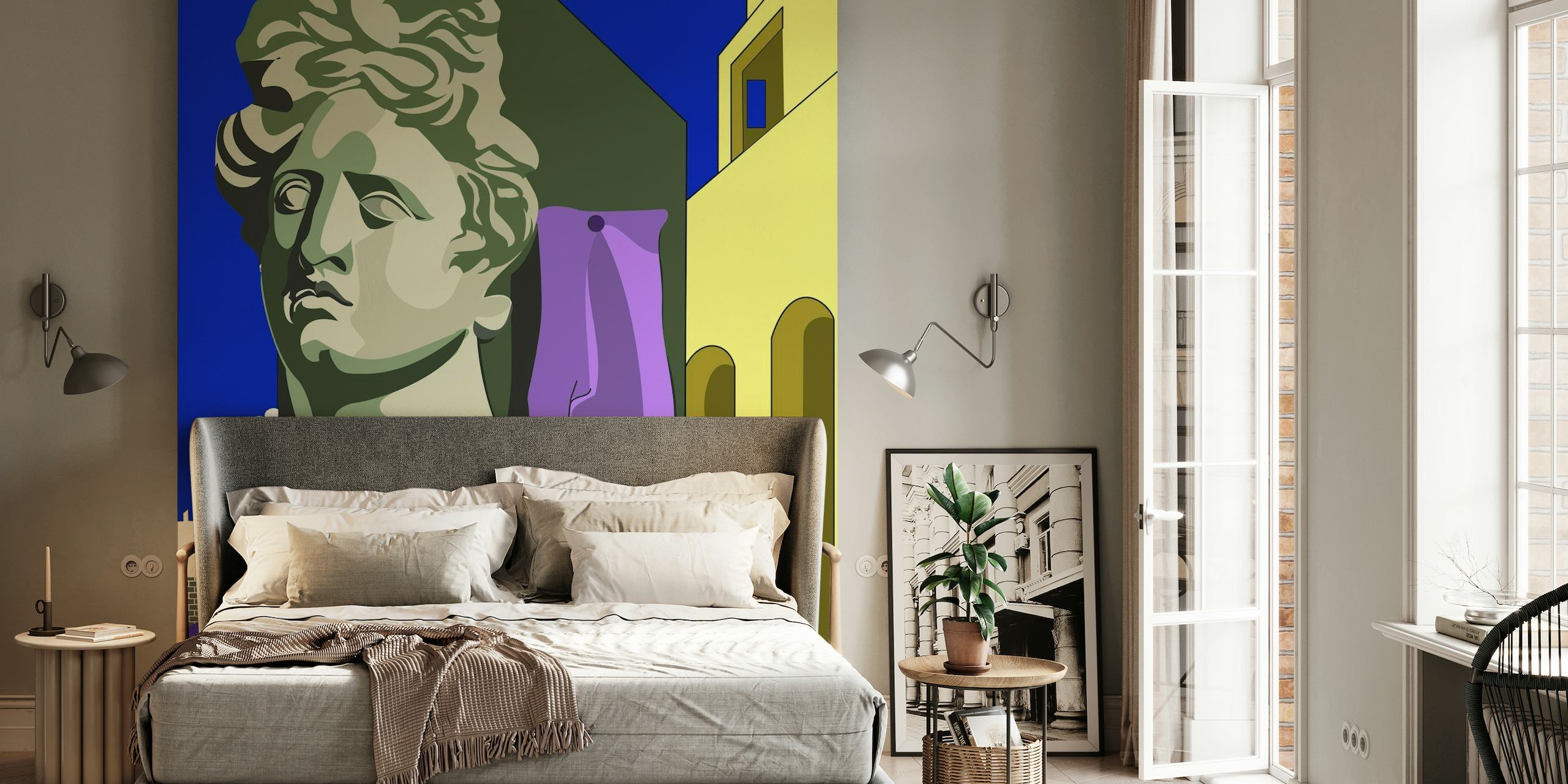 Stiliserad klassisk byst bland abstrakta former väggmålning