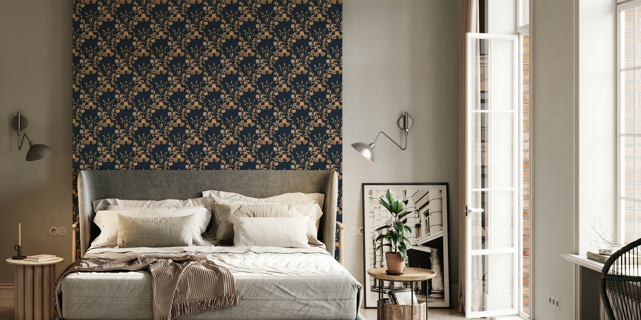 Navy blue wall mural with ornate, princess-inspired patterns
