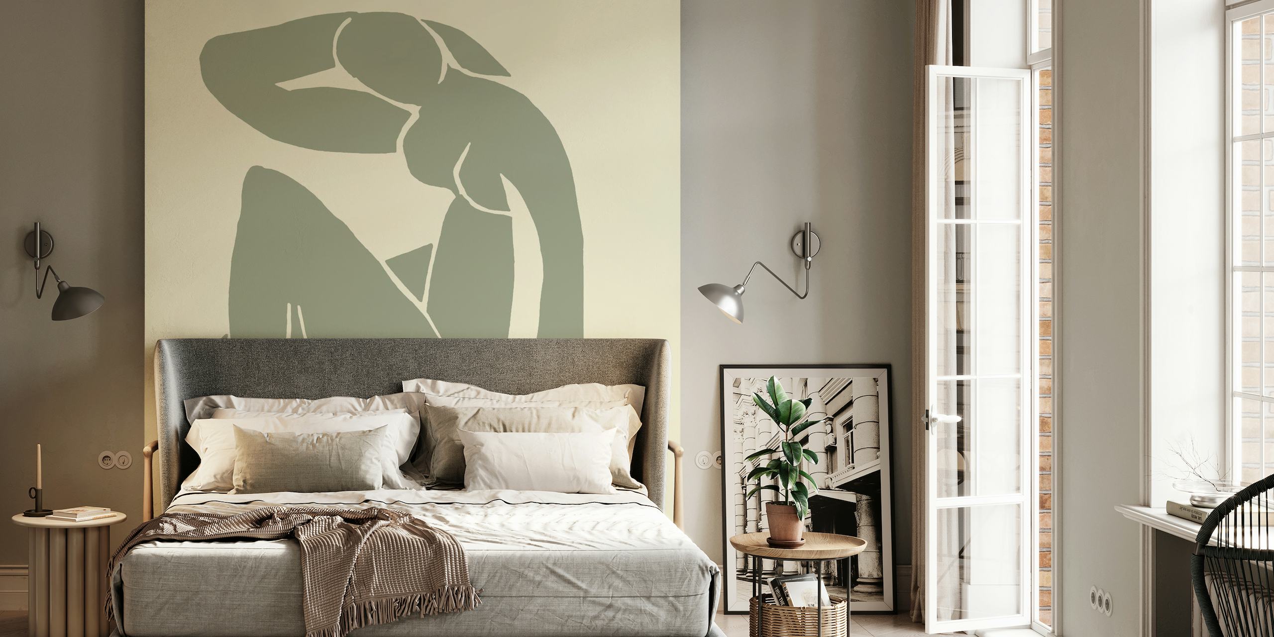 Groene Nude Matisse Style muurschildering met elegant silhouet