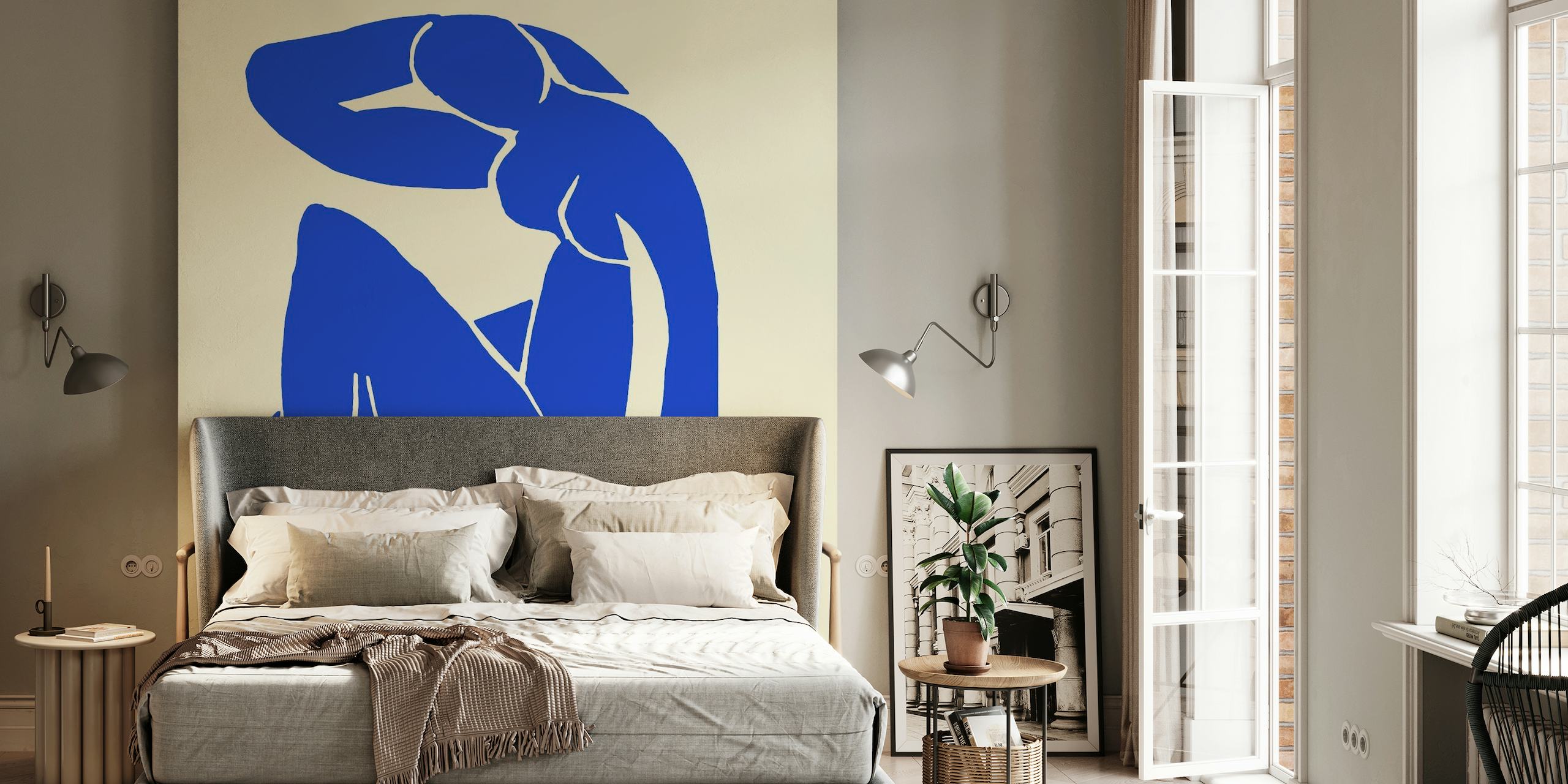 Abstraktes Wandgemälde mit blauen Figuren, inspiriert vom Kunststil von Matisse