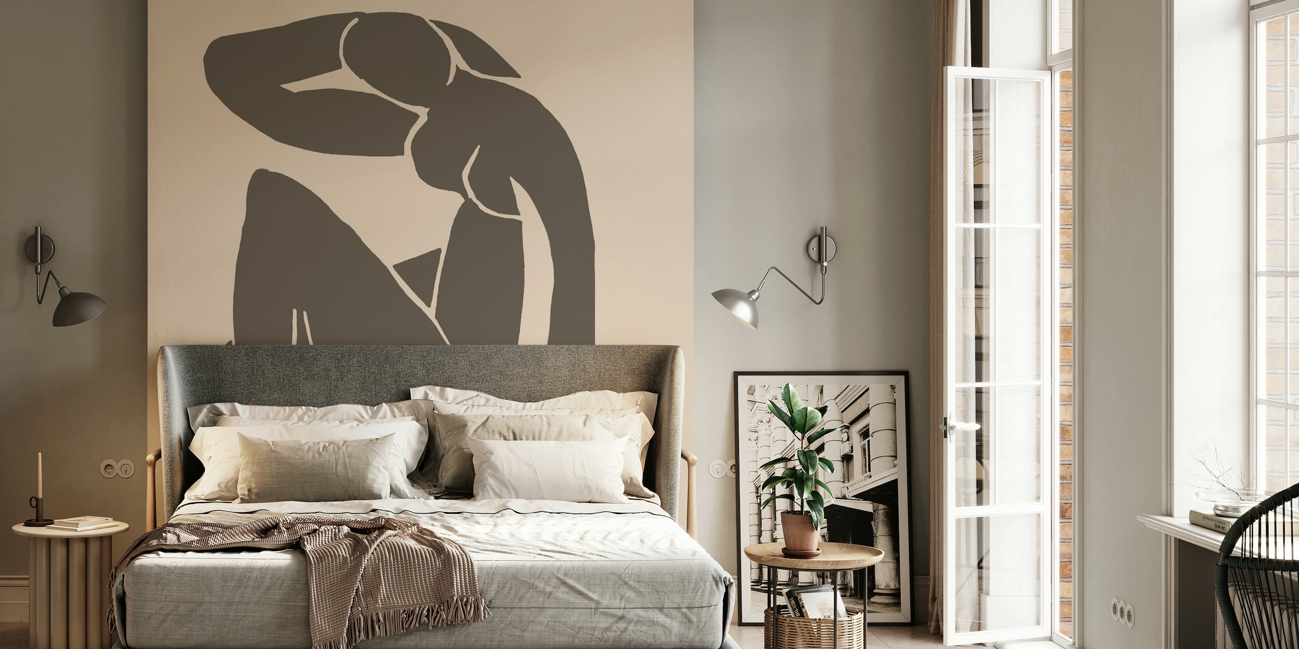 Beige nude silhouet muurschildering geïnspireerd op de minimalistische stijl van Matisse