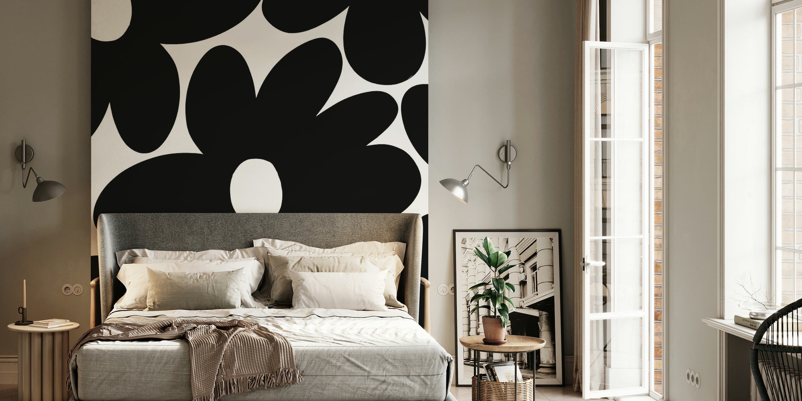 Zwart-witte retro muurschildering met madeliefjebloempatroon