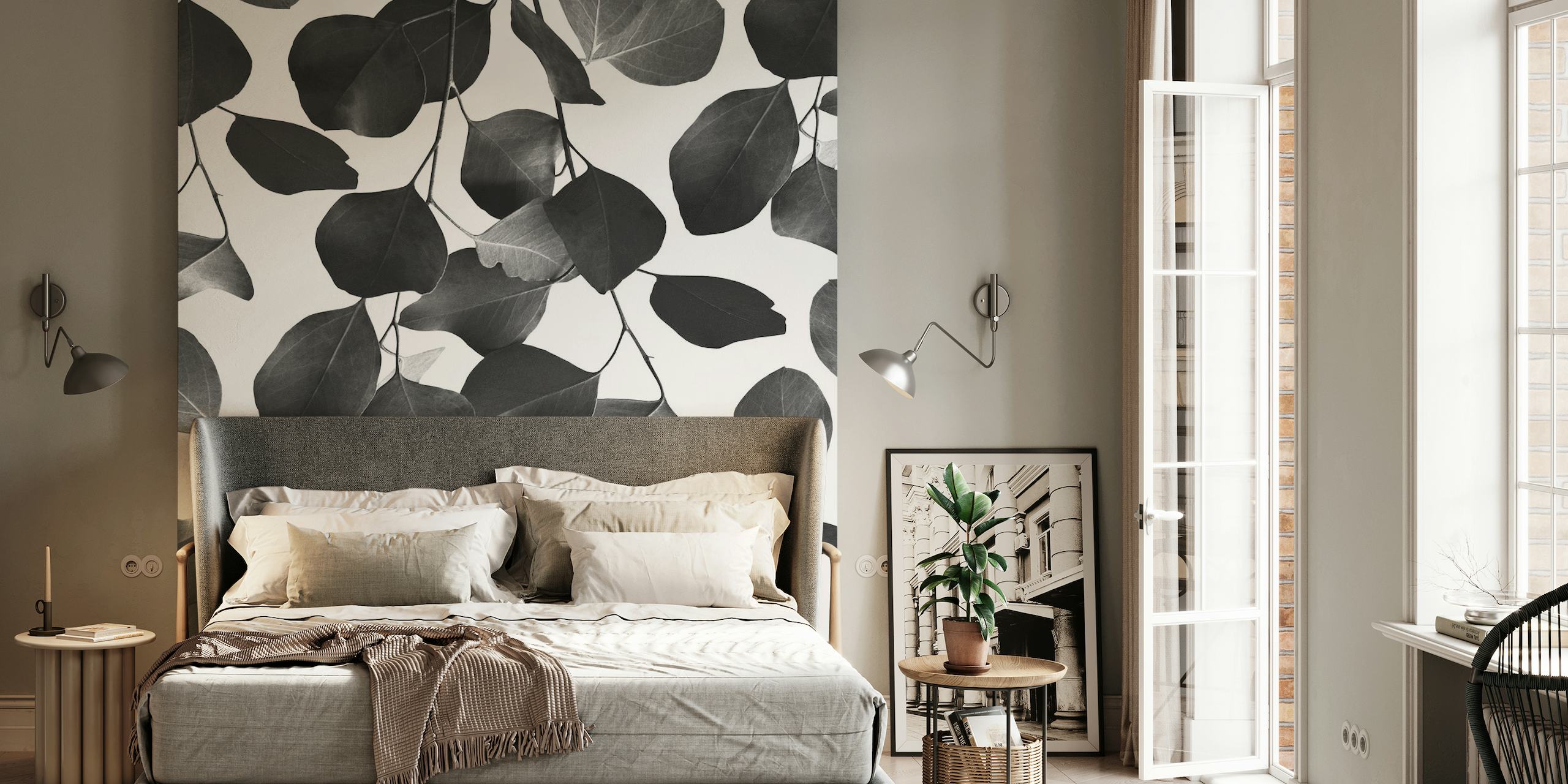 Monochrome eucalyptusbladeren muurschildering voor een rustig, botanisch decor