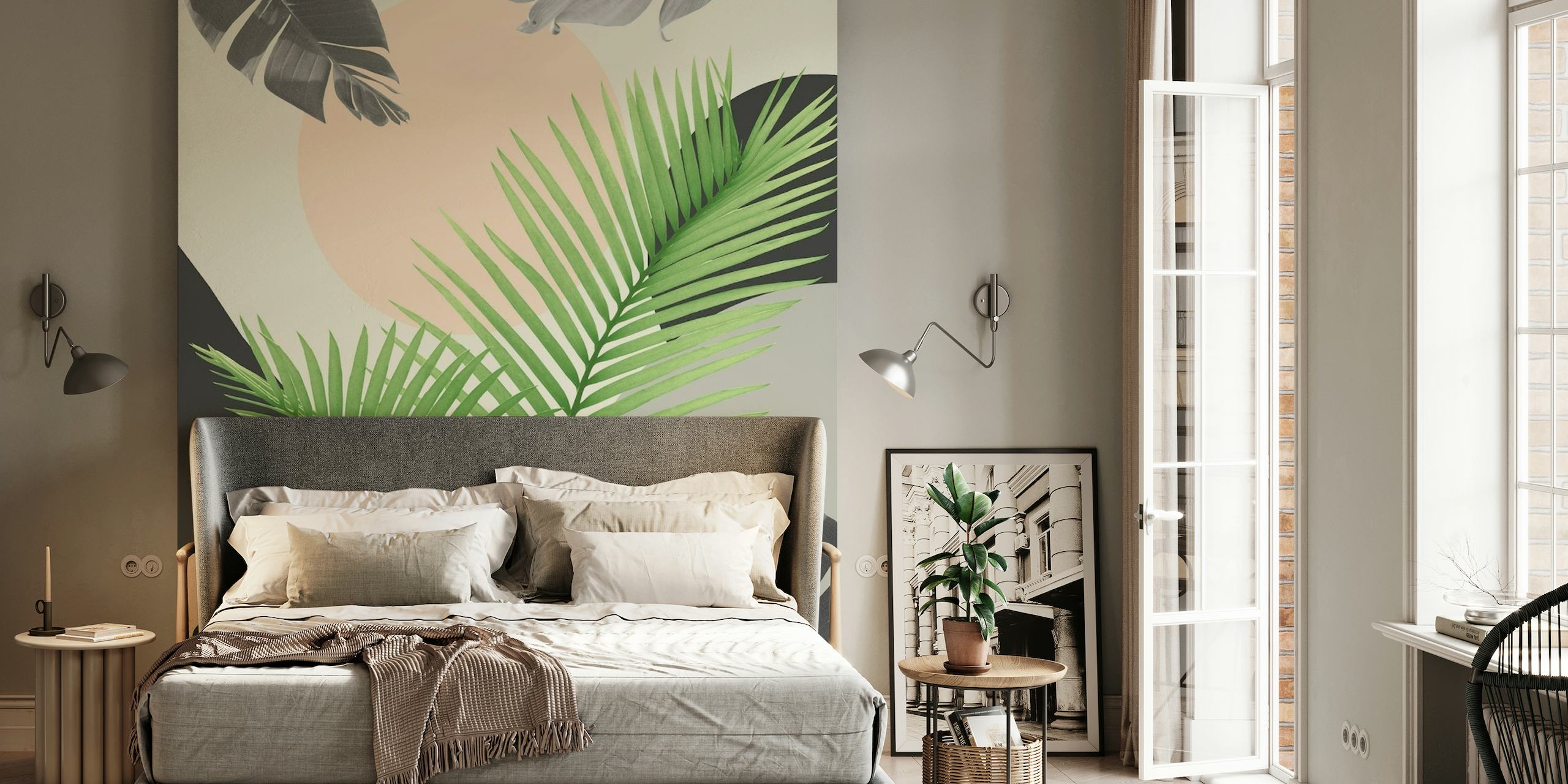 Mural de parede de folhas de palmeira entrelaçadas em tons de verde e preto