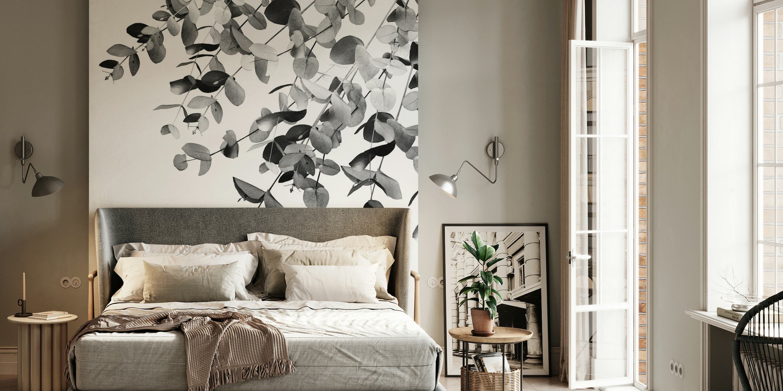 Monochrome Fototapete mit Eukalyptusblättern für ein ruhiges Interieur