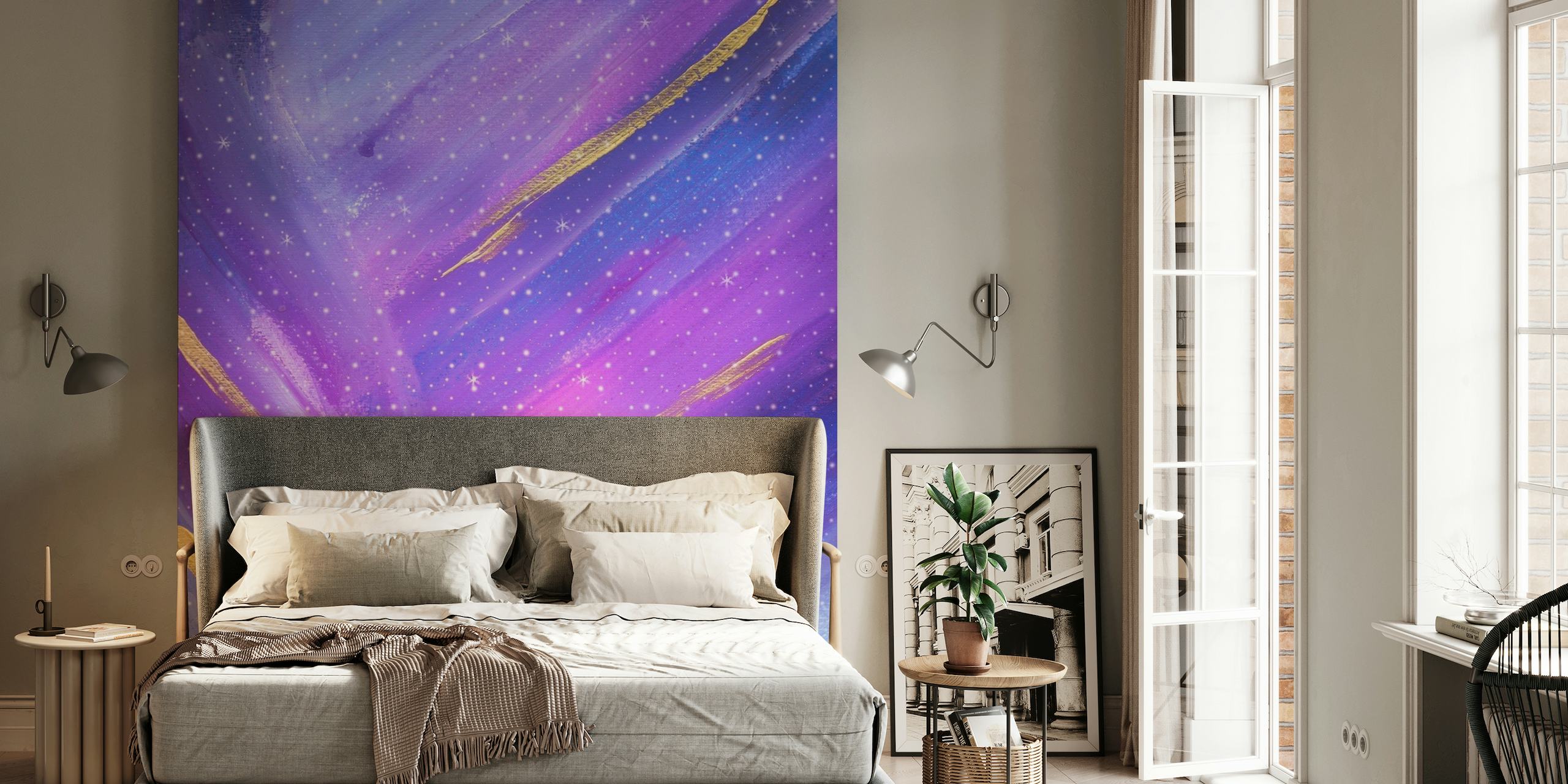 Abstract celestial nebula wall mural in purple and blue shades with golden accents