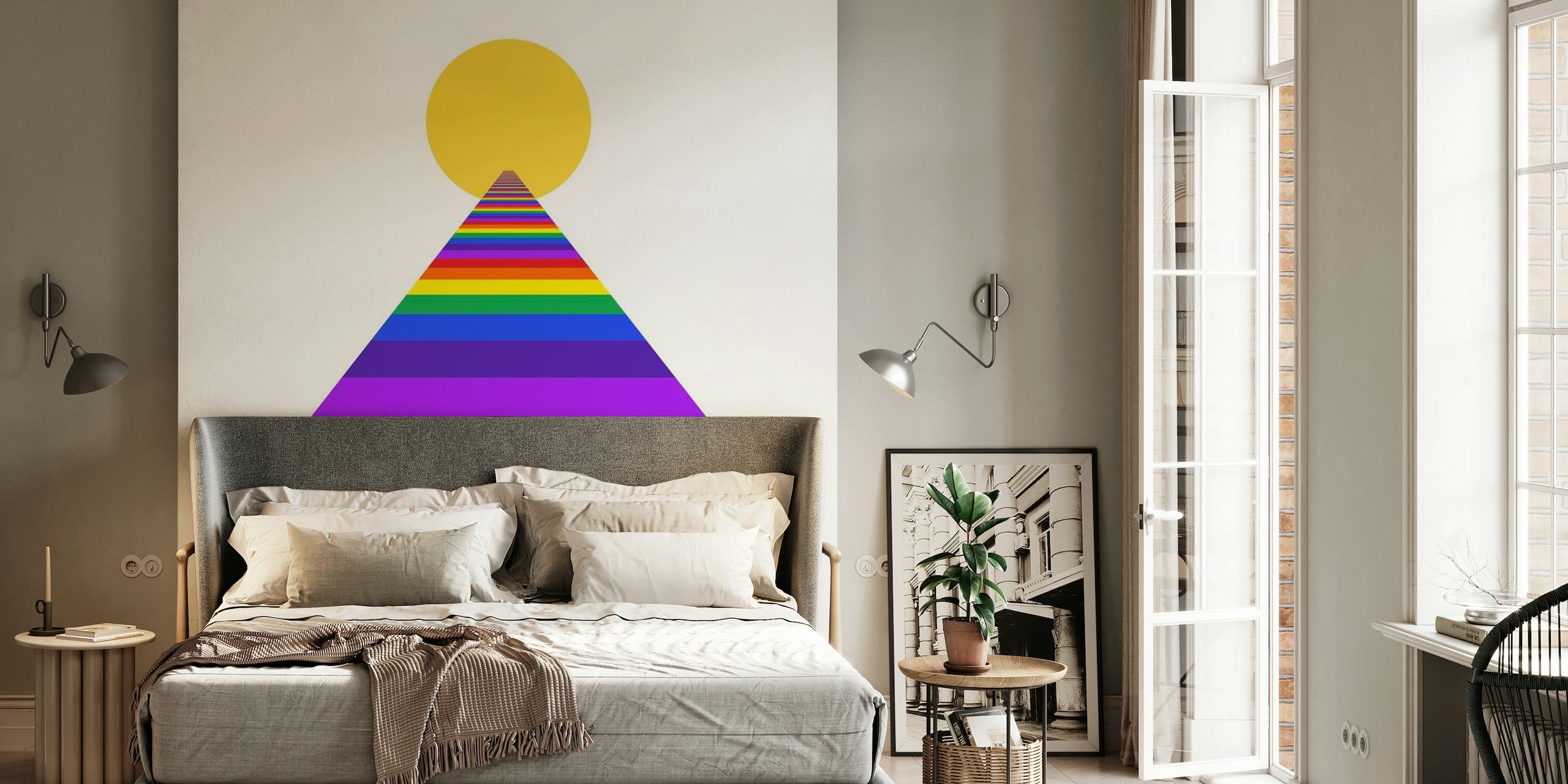 Kleurrijk 'Raise Your Vibration' fotobehang met een regenboogpiramide en zon