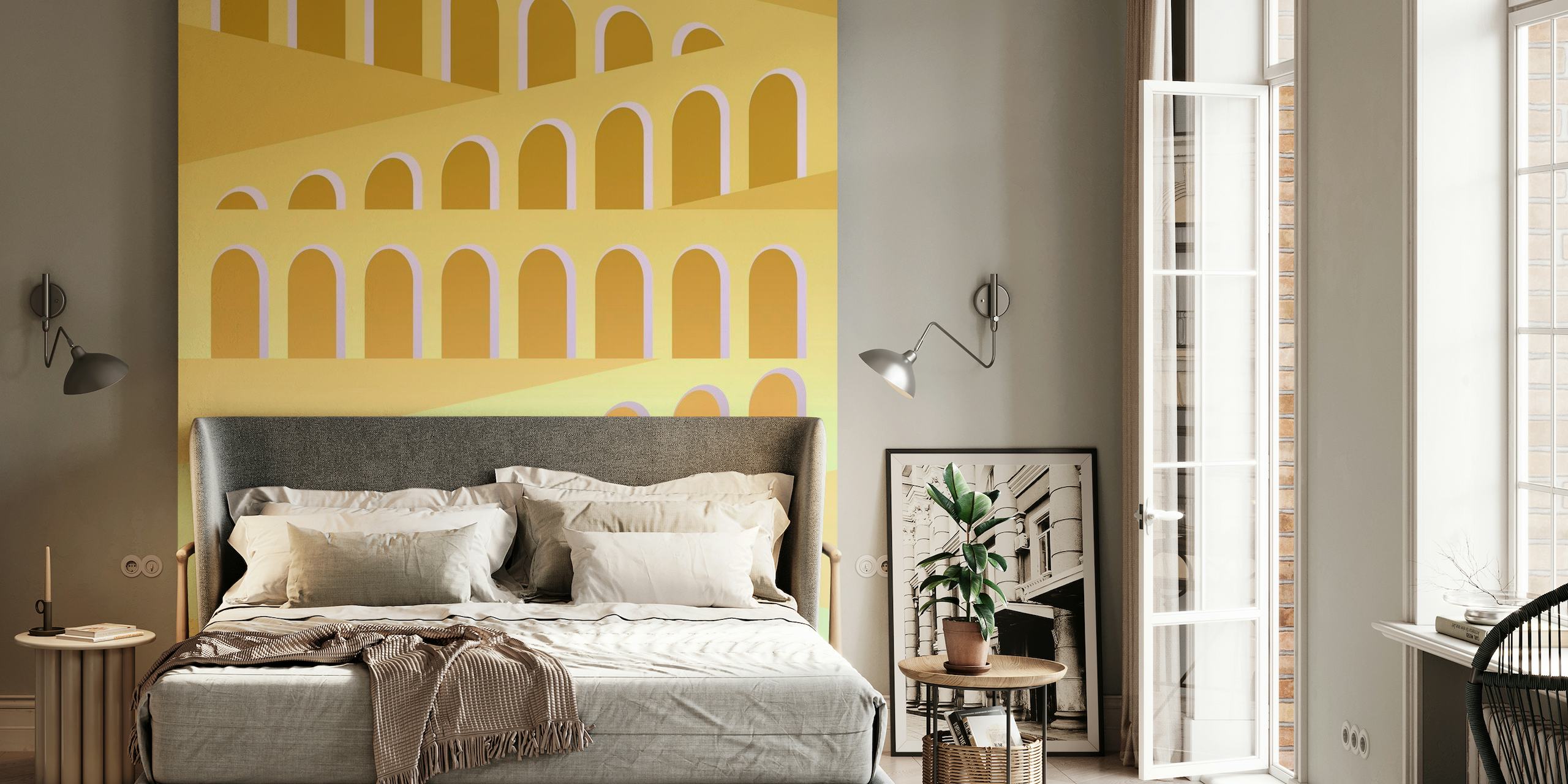Italiaanse Arches muurschildering met warme aardetinten en mediterraan architectonisch ontwerp