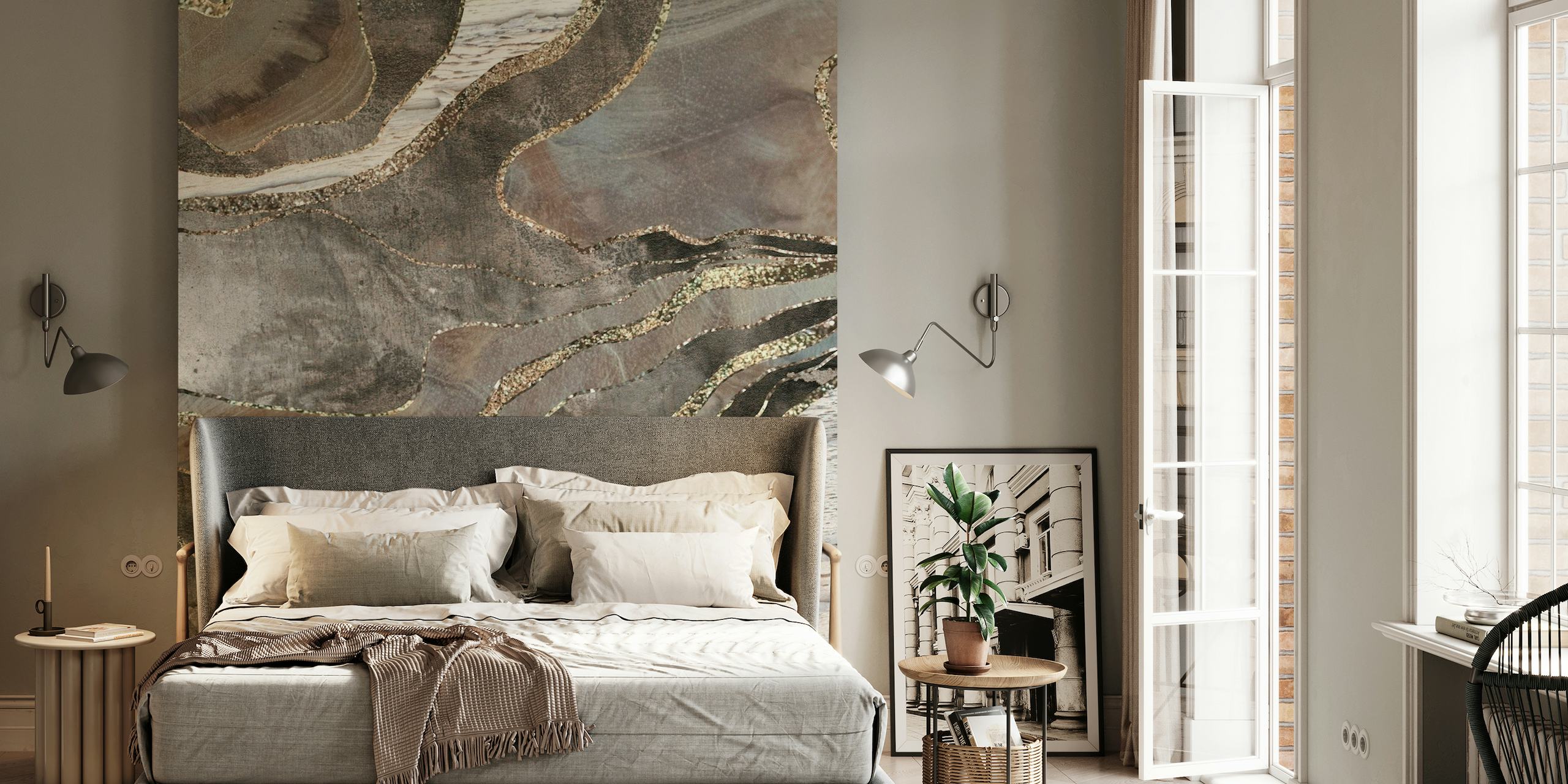 Mural de parede luxuoso com texturas de madeira e ágata com detalhes brilhantes