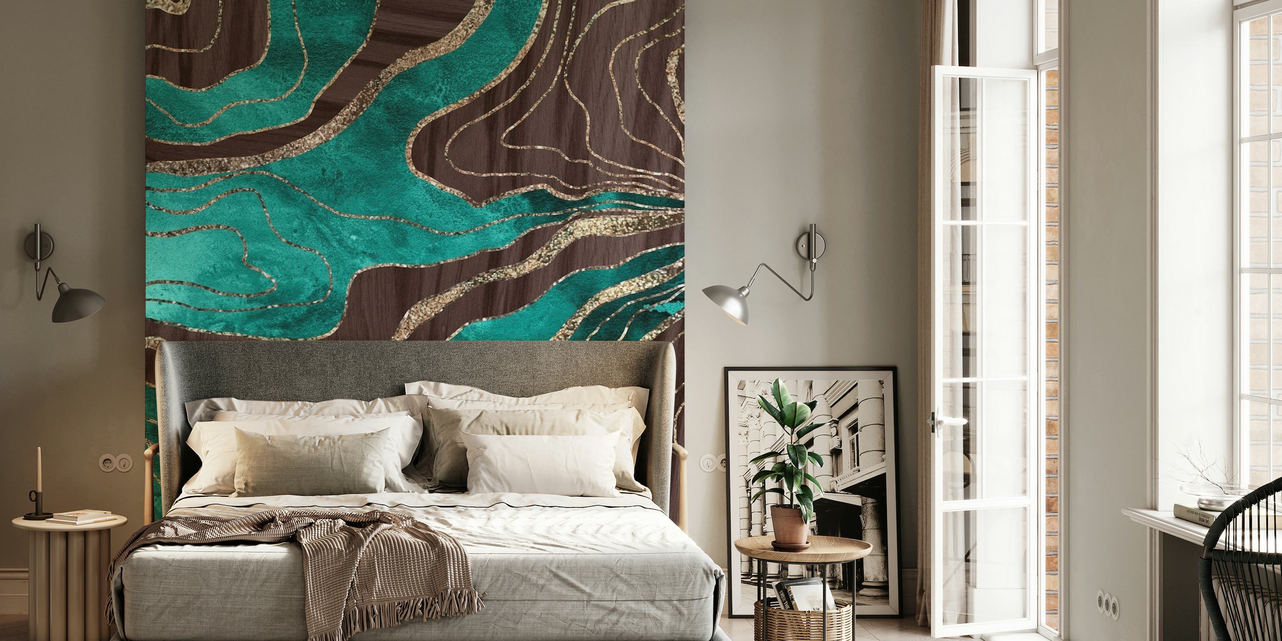 Fotomural vinílico de parede abstrato de ágata e madeira com detalhes brilhantes