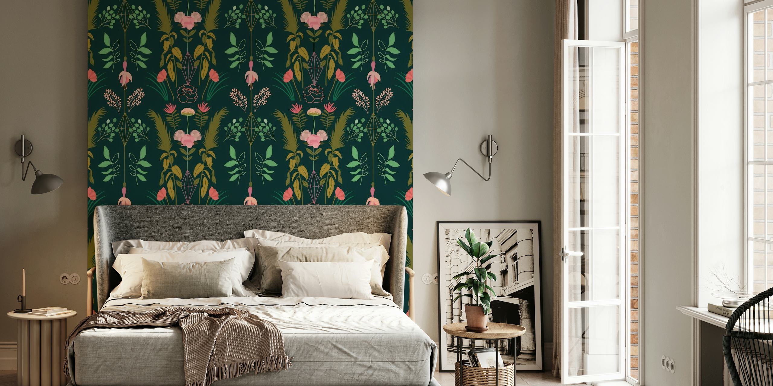 Stylish deco pampas grass pattern on dark wallpaper for home decor