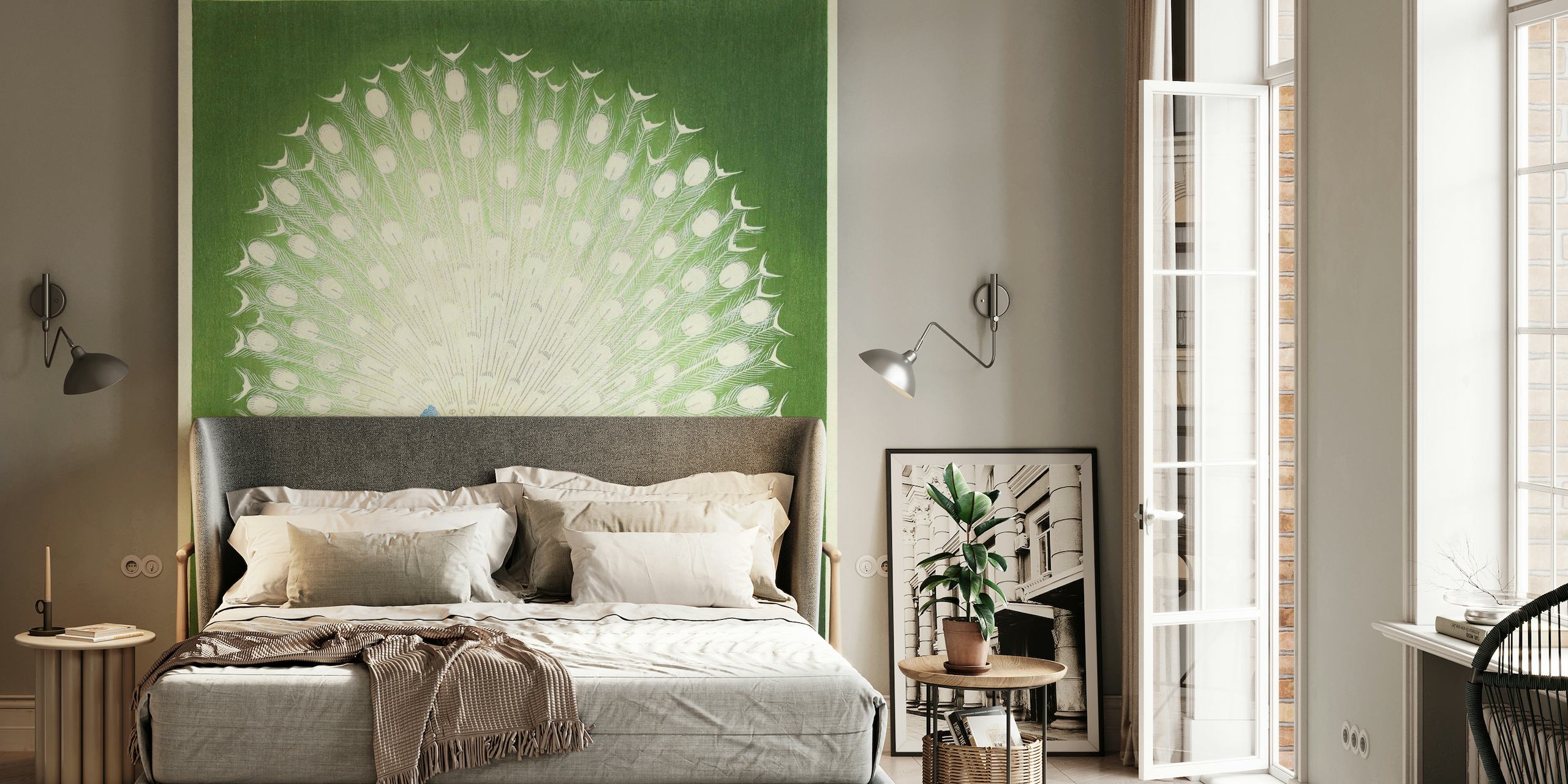 Stunning Peacock Wall Mural with spread feathers in a green environment