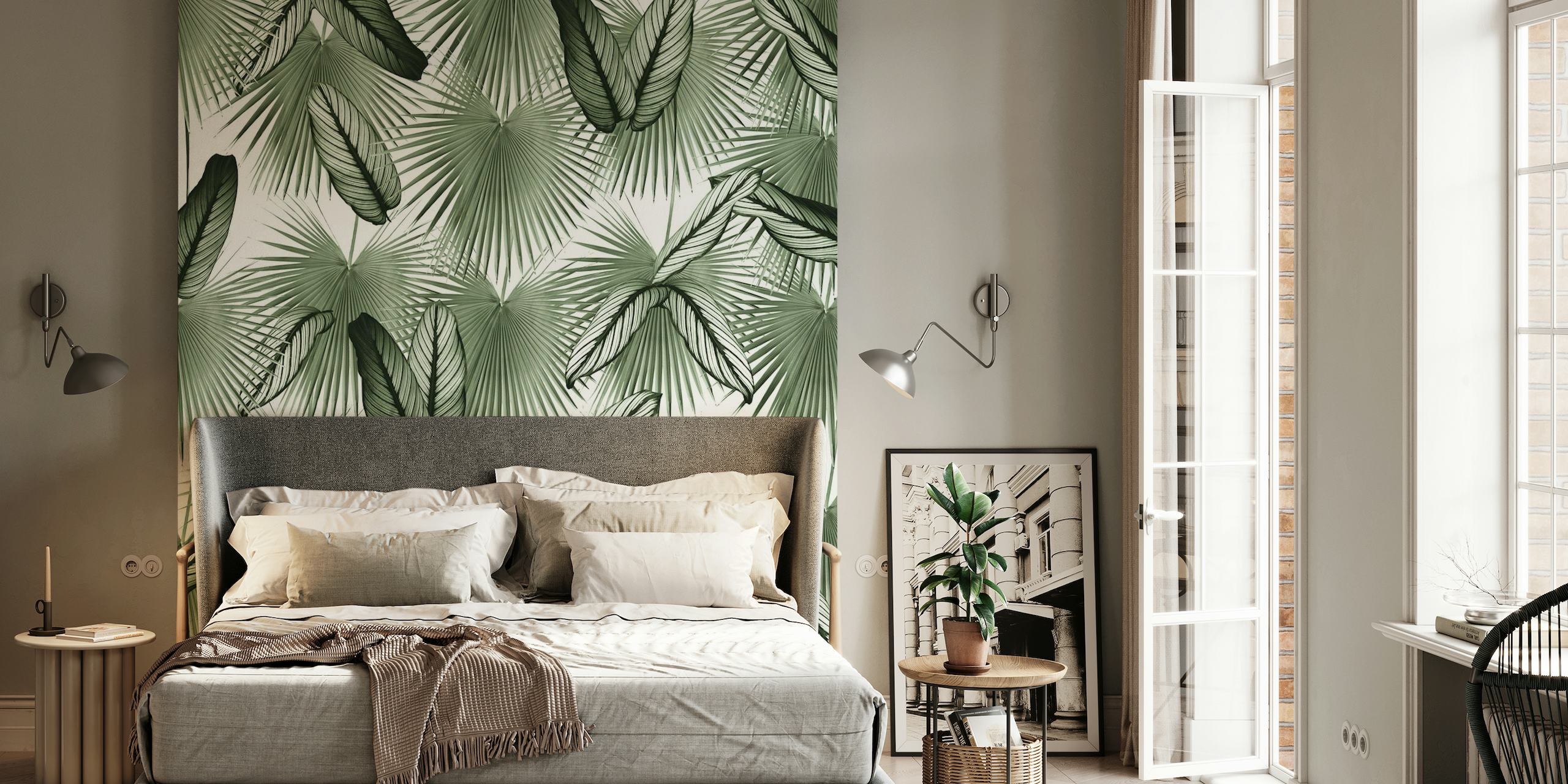 Calathea Fan Palm Leaves muurschildering met gedetailleerd tropisch gebladerte in monochrome groentinten.