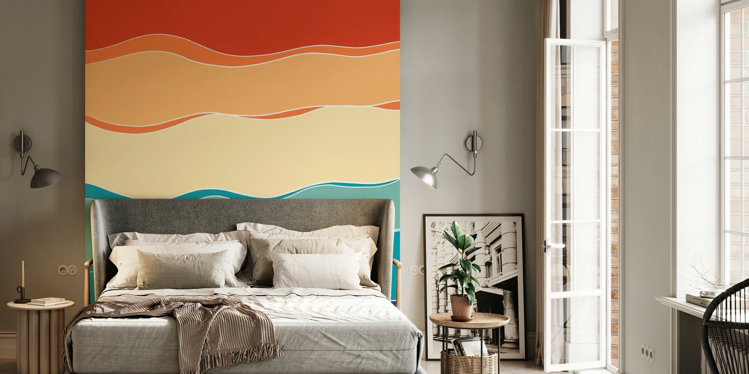 Mural de pared abstracto retro de olas oceánicas de verano con rayas degradadas en colores cálidos y fríos