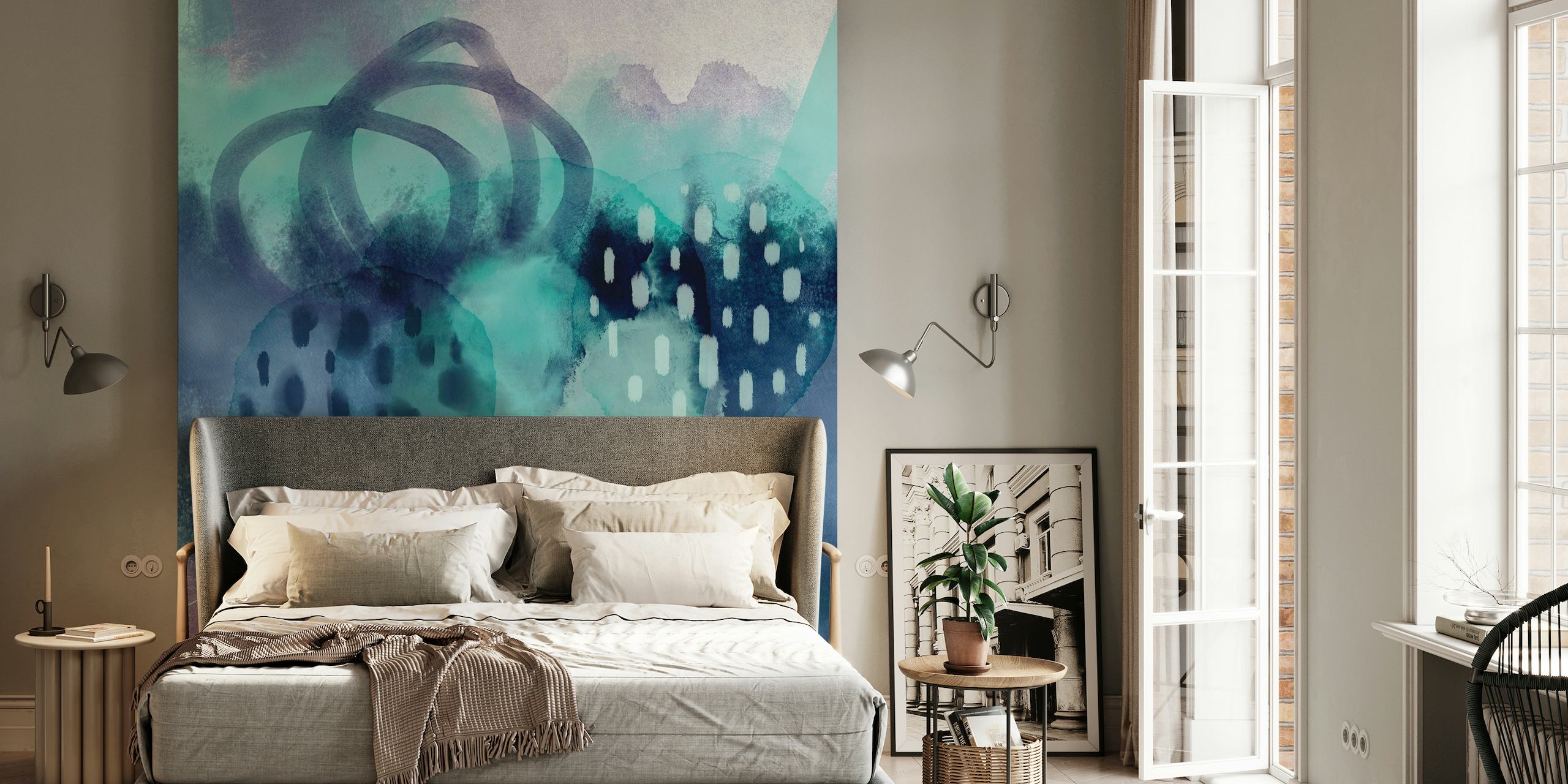 Abstrakte aquablaue Aquarell-Wandmalerei mit ätherischen Texturen und Pinselstrichen