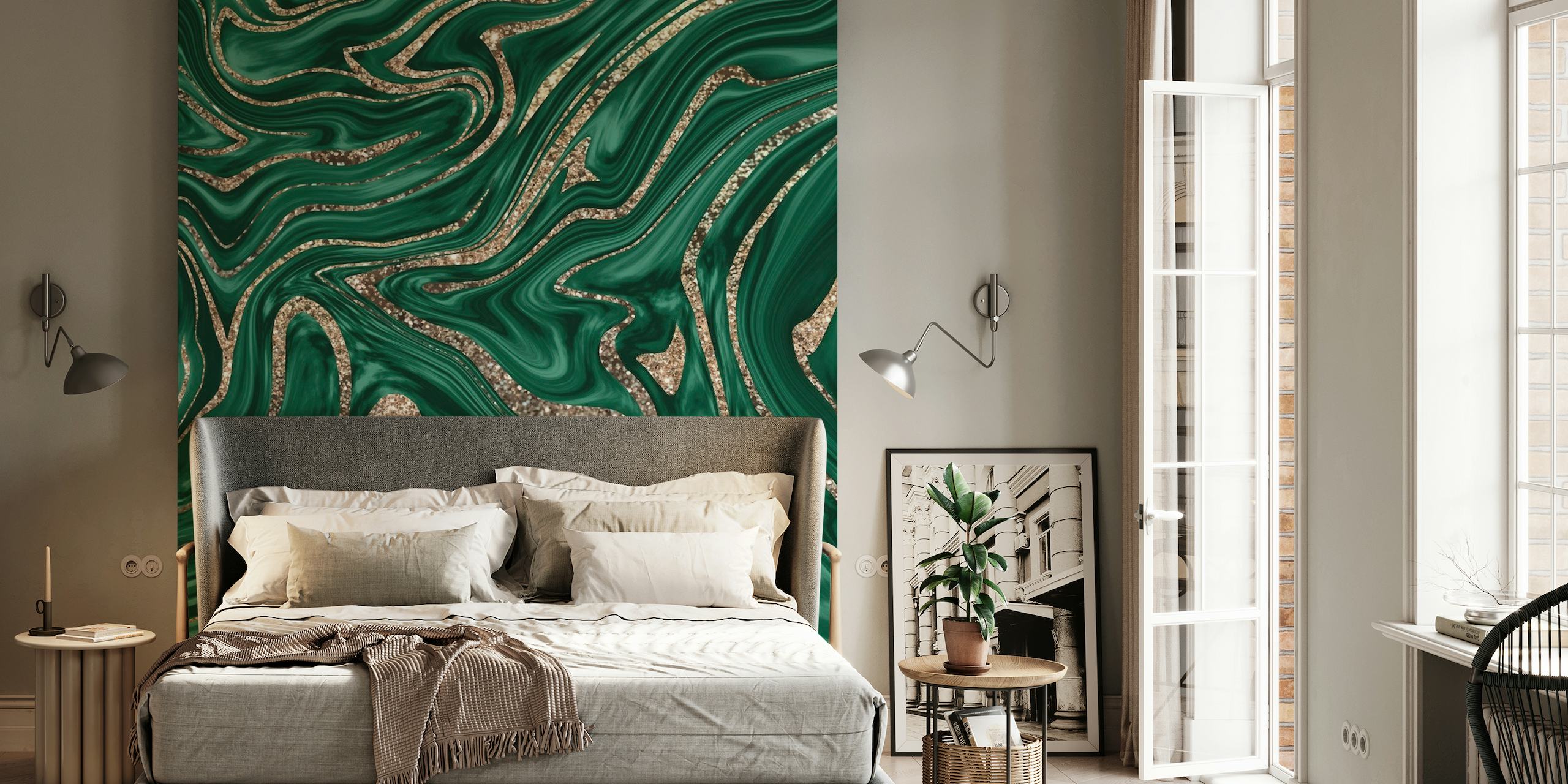 Smaragdno crna svjetlucava zidna slika s efektom mramora