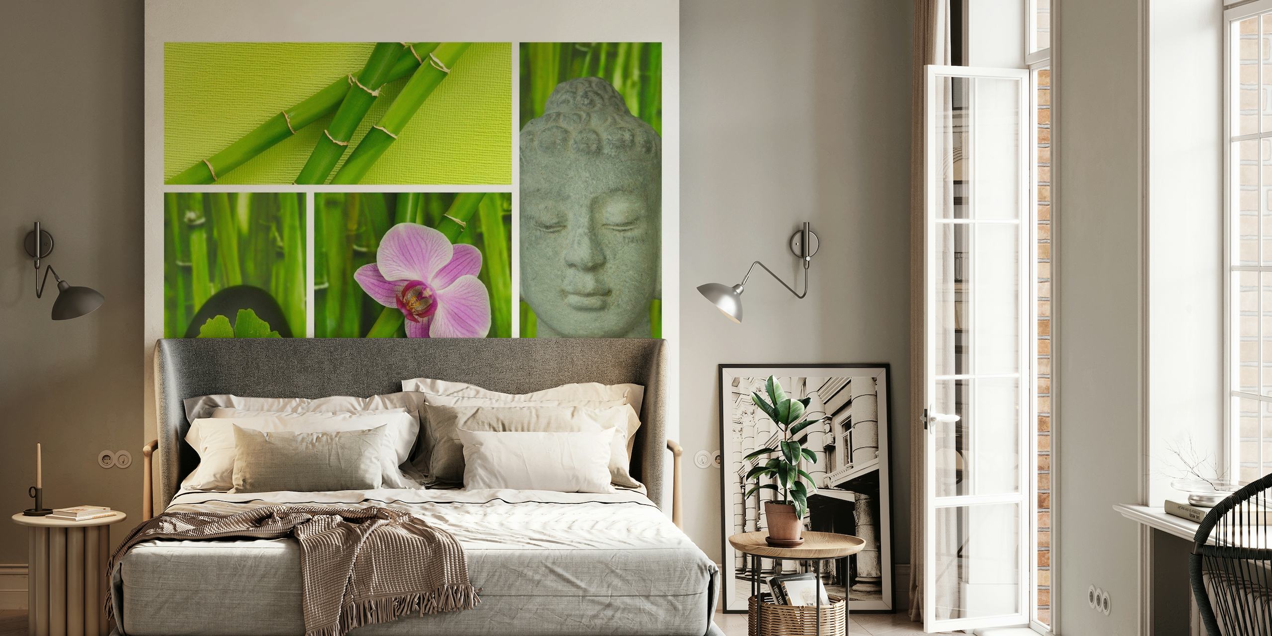 Relax Zen en Boeddha fotobehang met bamboe, orchidee, Boeddha gezicht en 'Relax' tekst