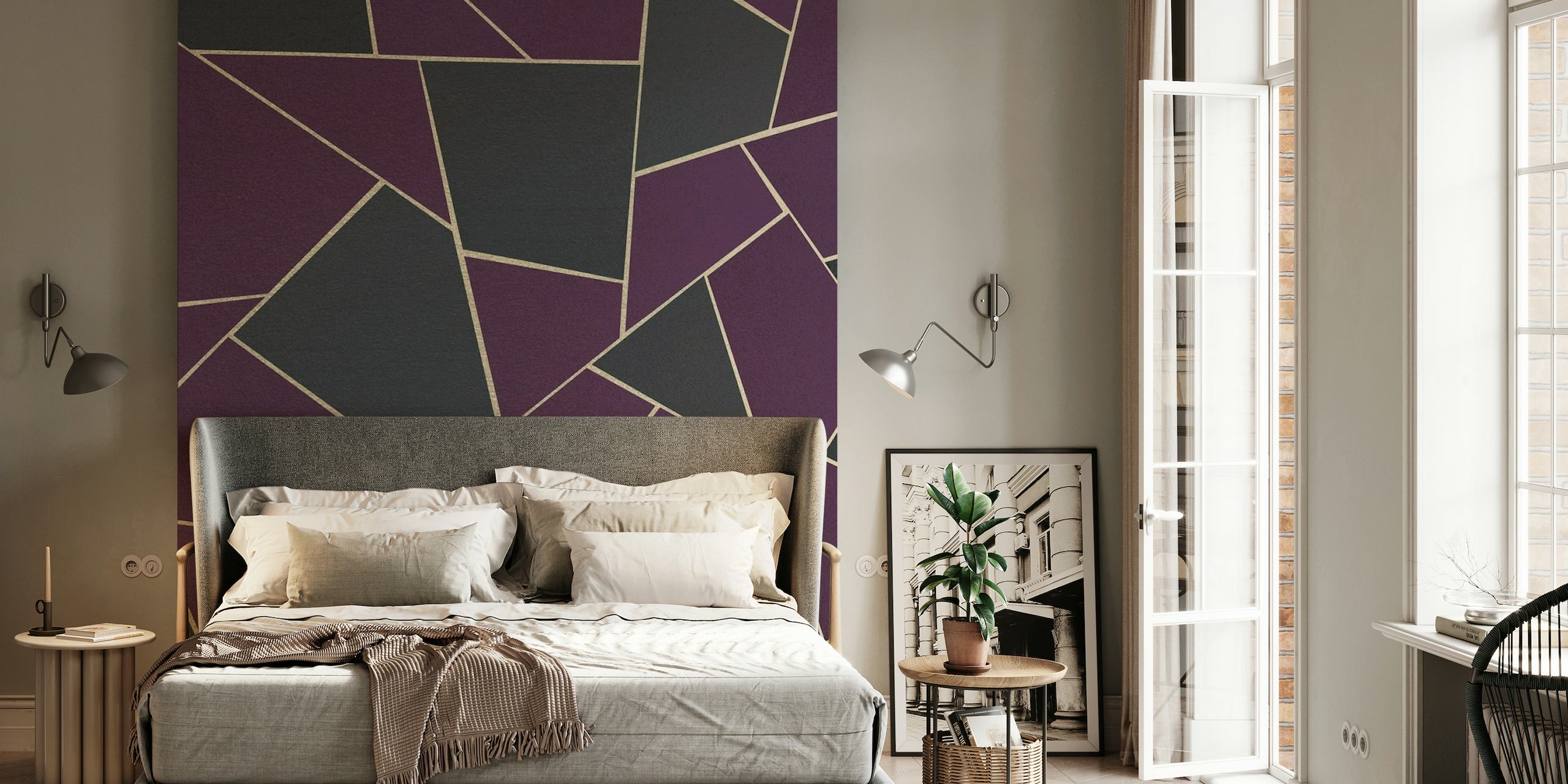 Charcoal Purple Gold geometrinen kuviollinen seinämaalaus
