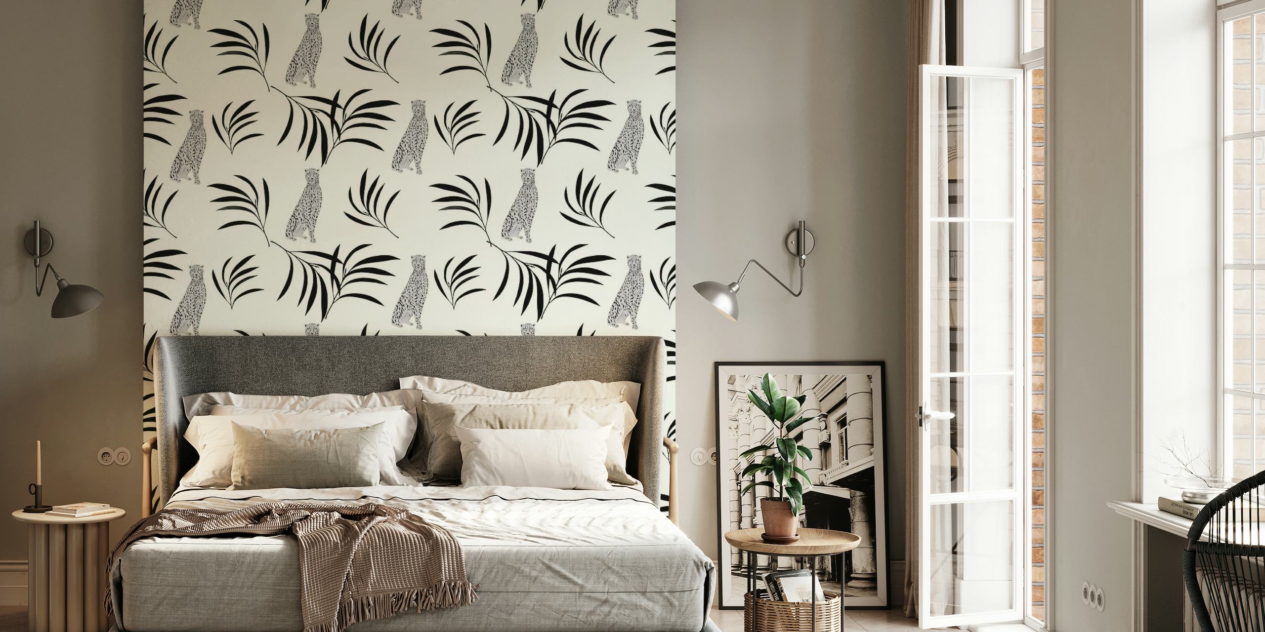 Cheetah and Eucalyptus pattern wall mural on a neutral background.