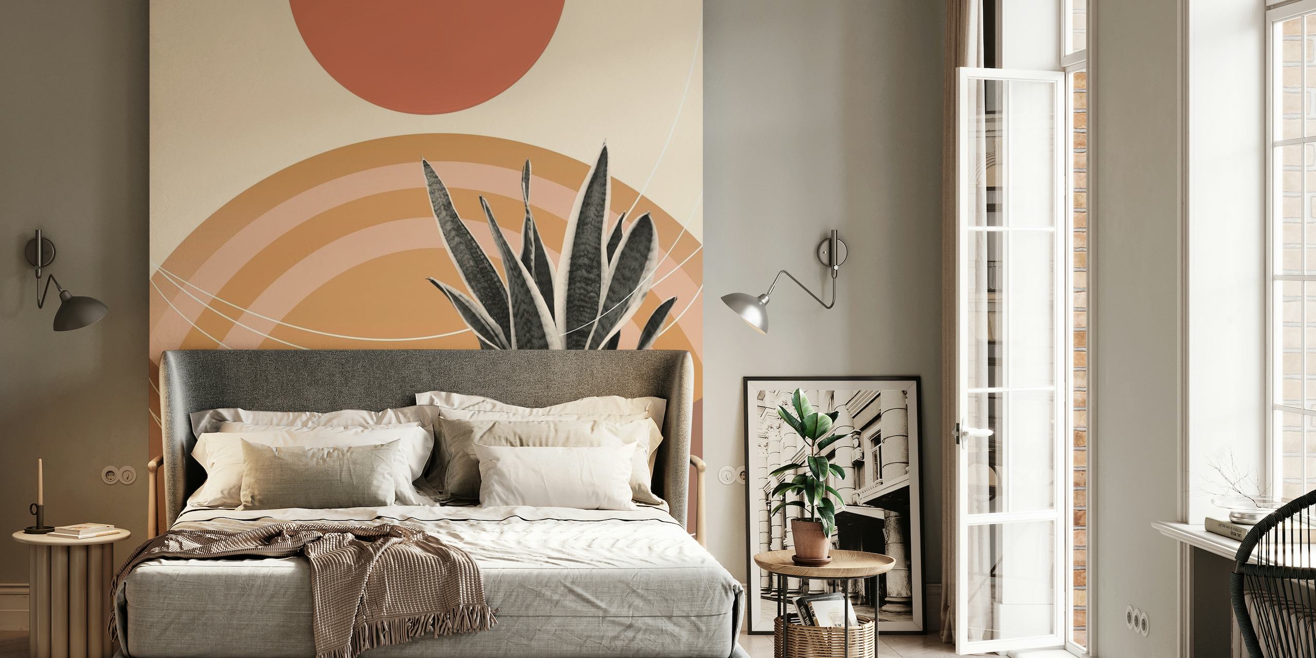 Minimalistisches Wandgemälde mit Schlangenpflanzen in Wüstentönen mit abstrakter Sonne