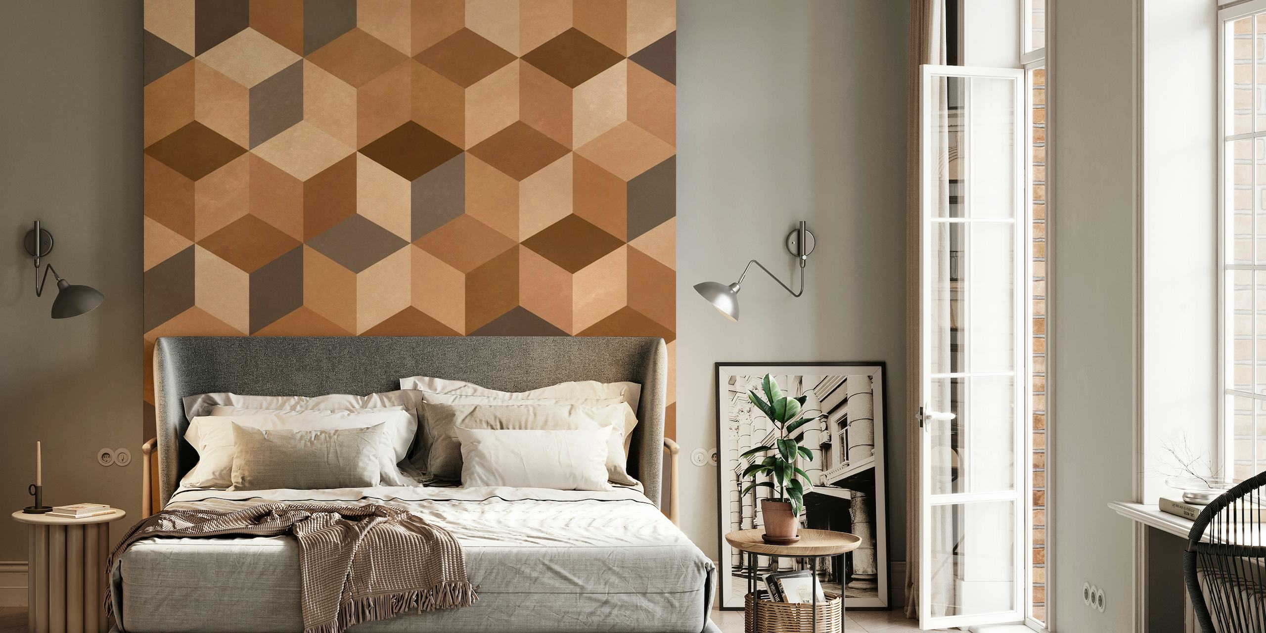Apstraktne geometrijske kocke smeđih tonova tvore zidni mural s 3D efektom