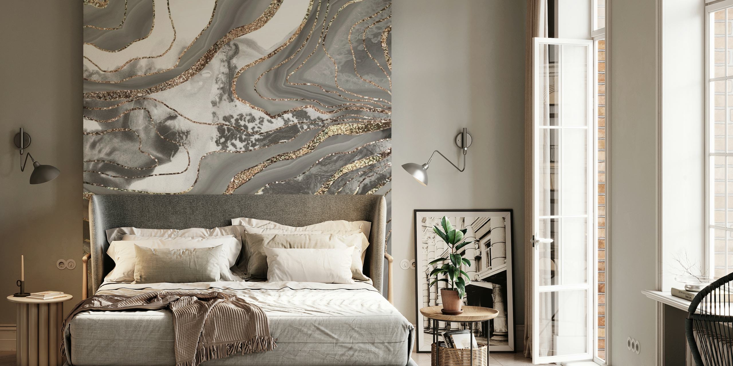 Elegante vloeibare marmeren agaat muurschildering met grijze, witte en gouden patronen