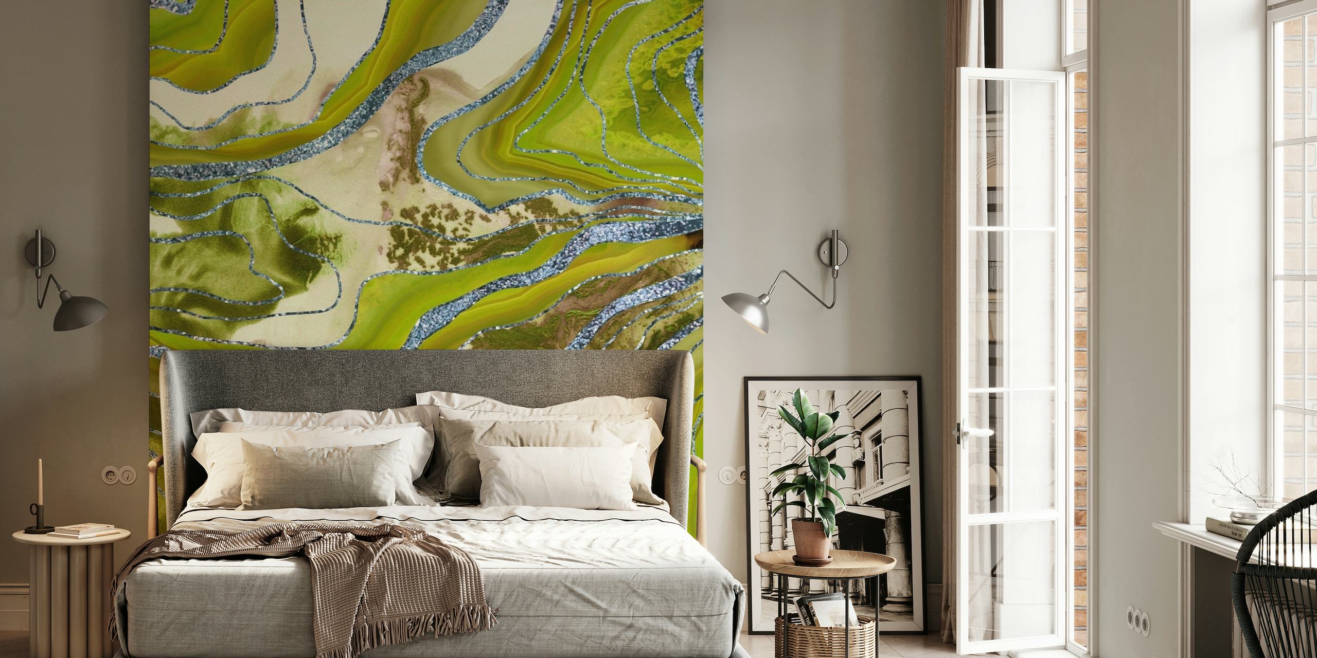 Vihreä ja kultainen nestemäinen marmoriakaattikuvioinen seinämaalaus