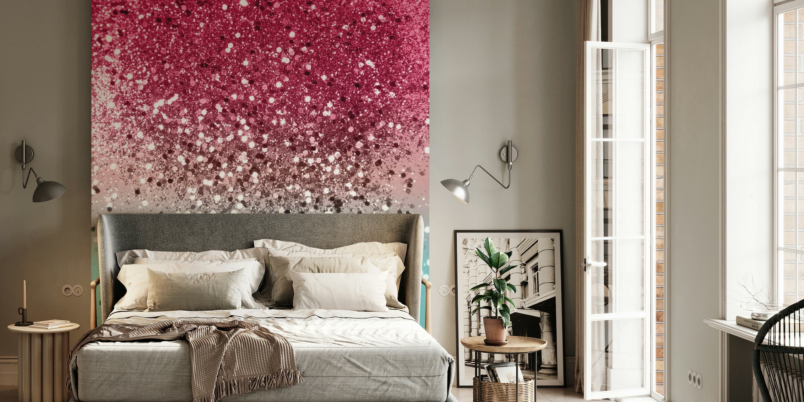 Fotomural moderno degradado de sandía tropical rosa y turquesa con efecto brillo brillante