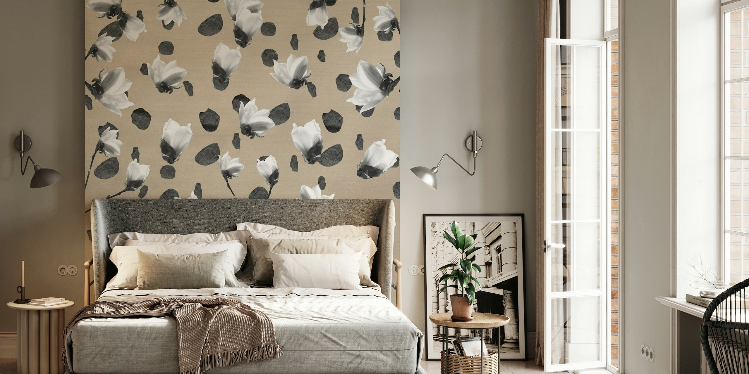 Elegant magnolia flowers wall mural on taupe background