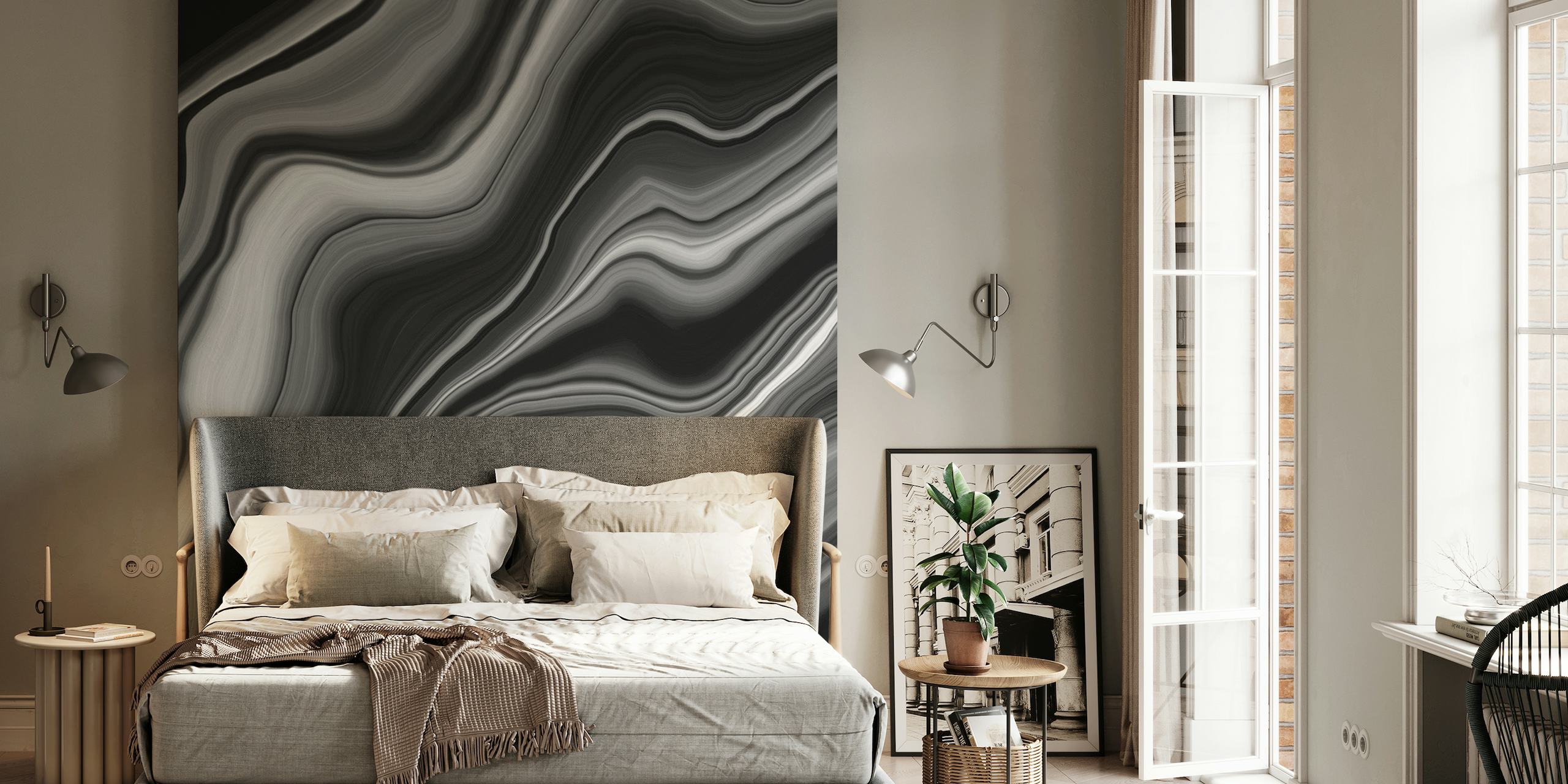 Abstrakti nestemäinen musta ja harmaa akaattikuvioinen seinämaalaus