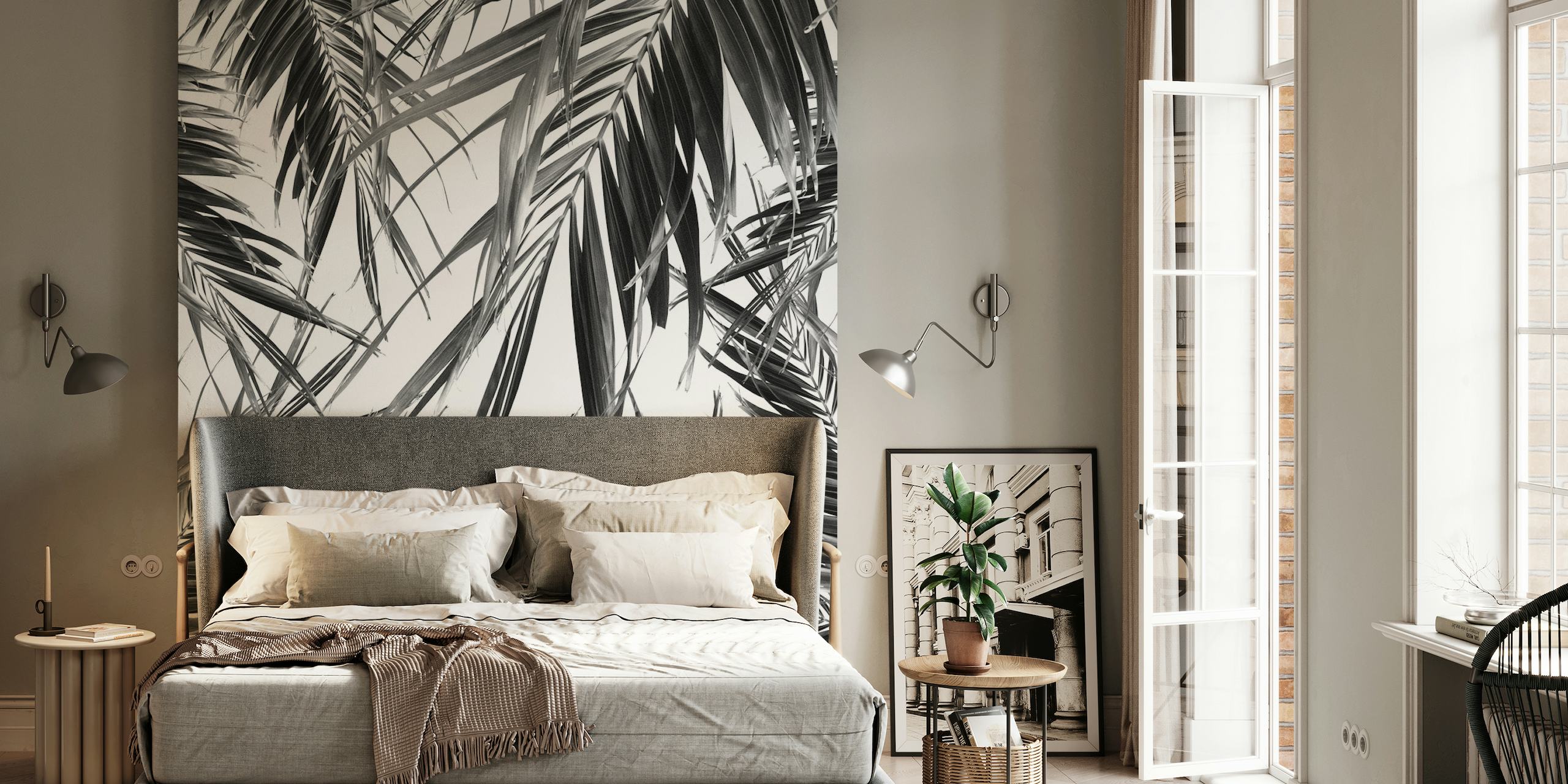 Monochrome palm leaves jungle wall mural for interior decoration