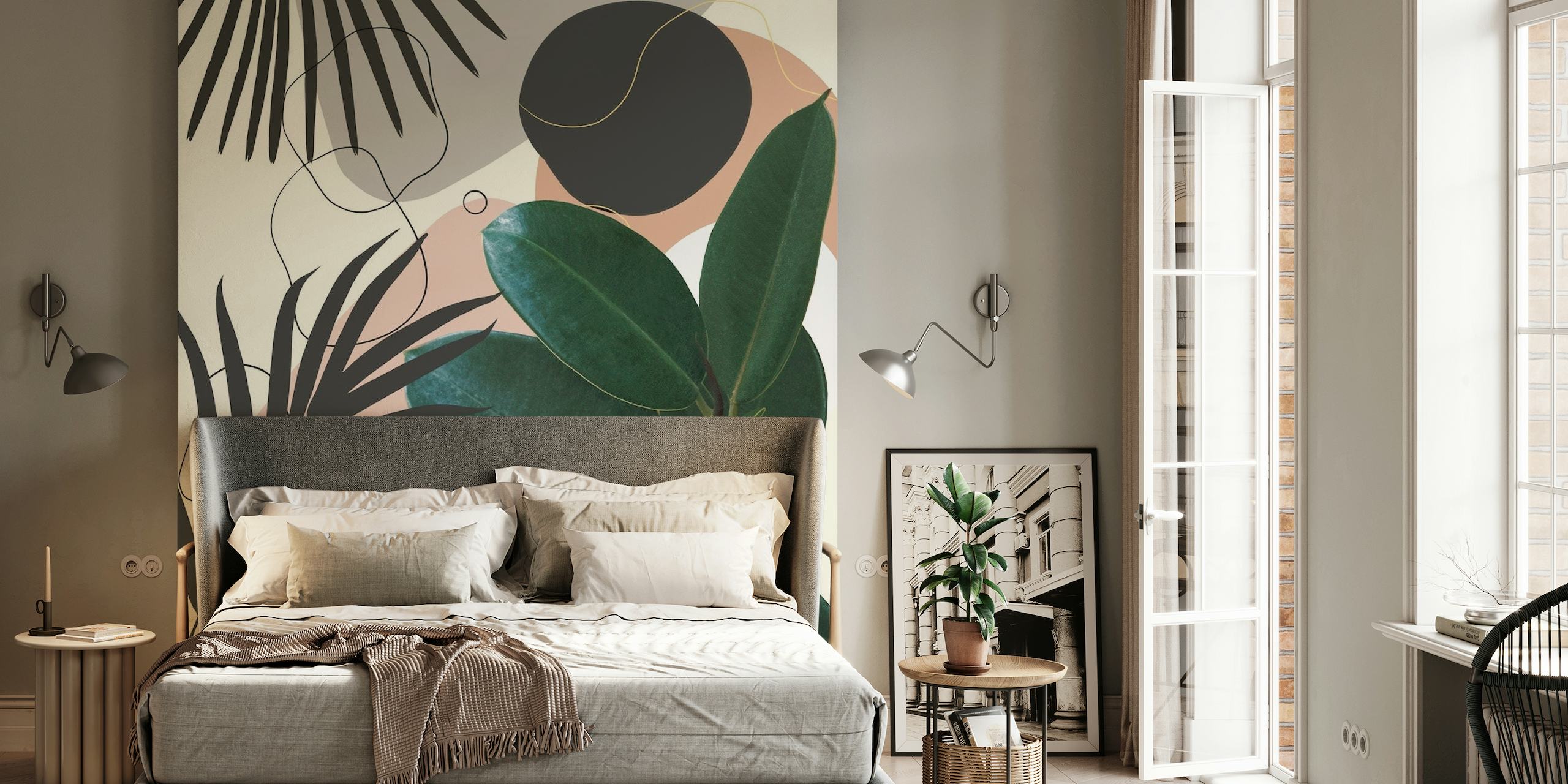 Ficus Elastica and fan palm leaf wall mural with pastel pink and neutral tones