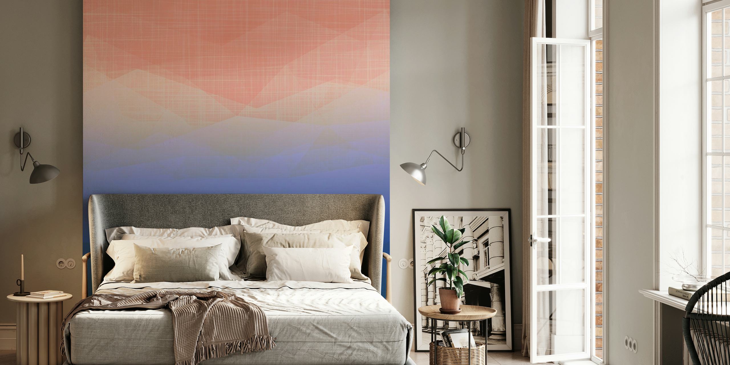 Abstract Peach Morning Sun wall mural with gradient from peach to blue