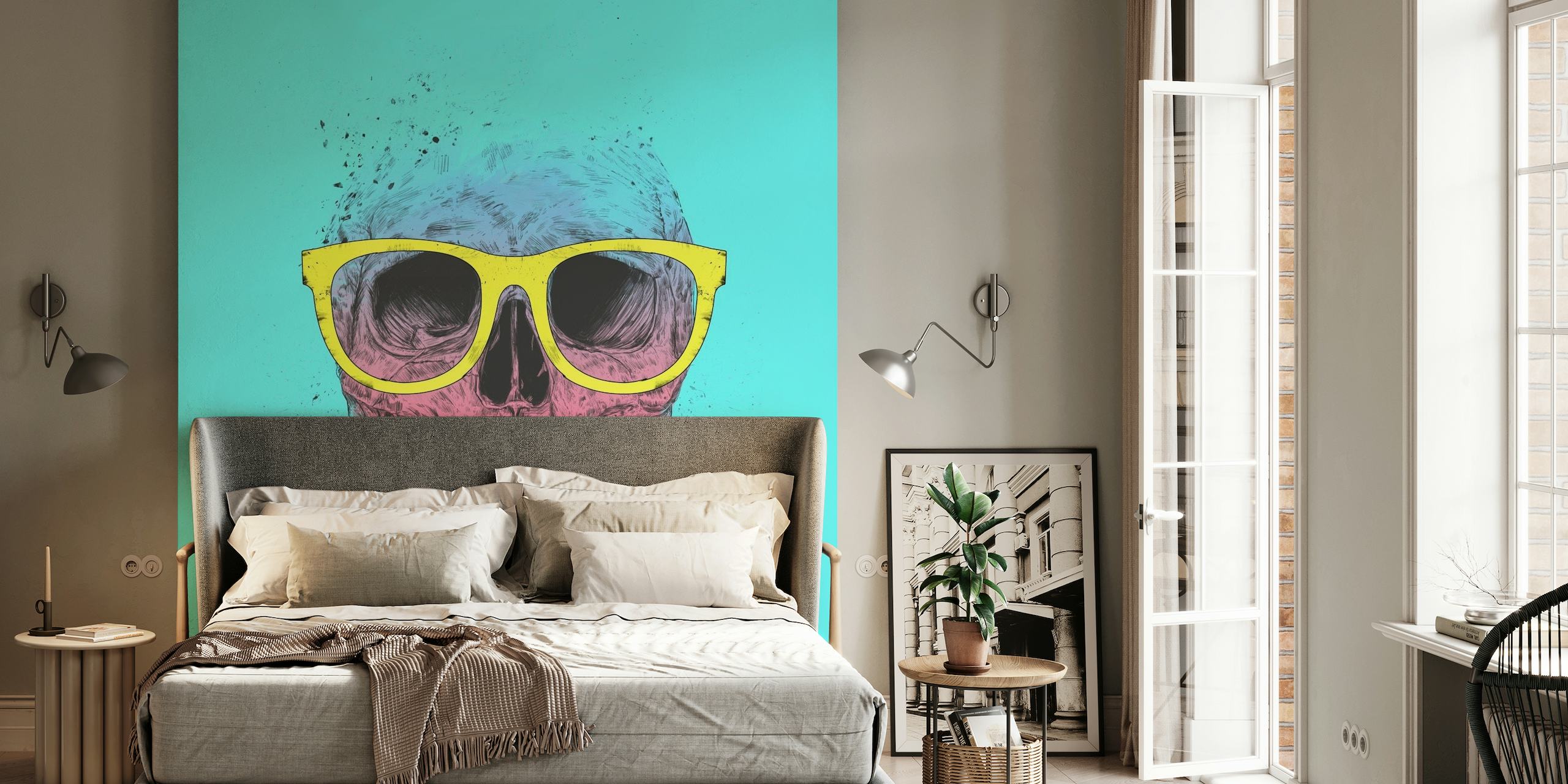 Fotomural calavera colorida estilo pop art con gafas de sol amarillas