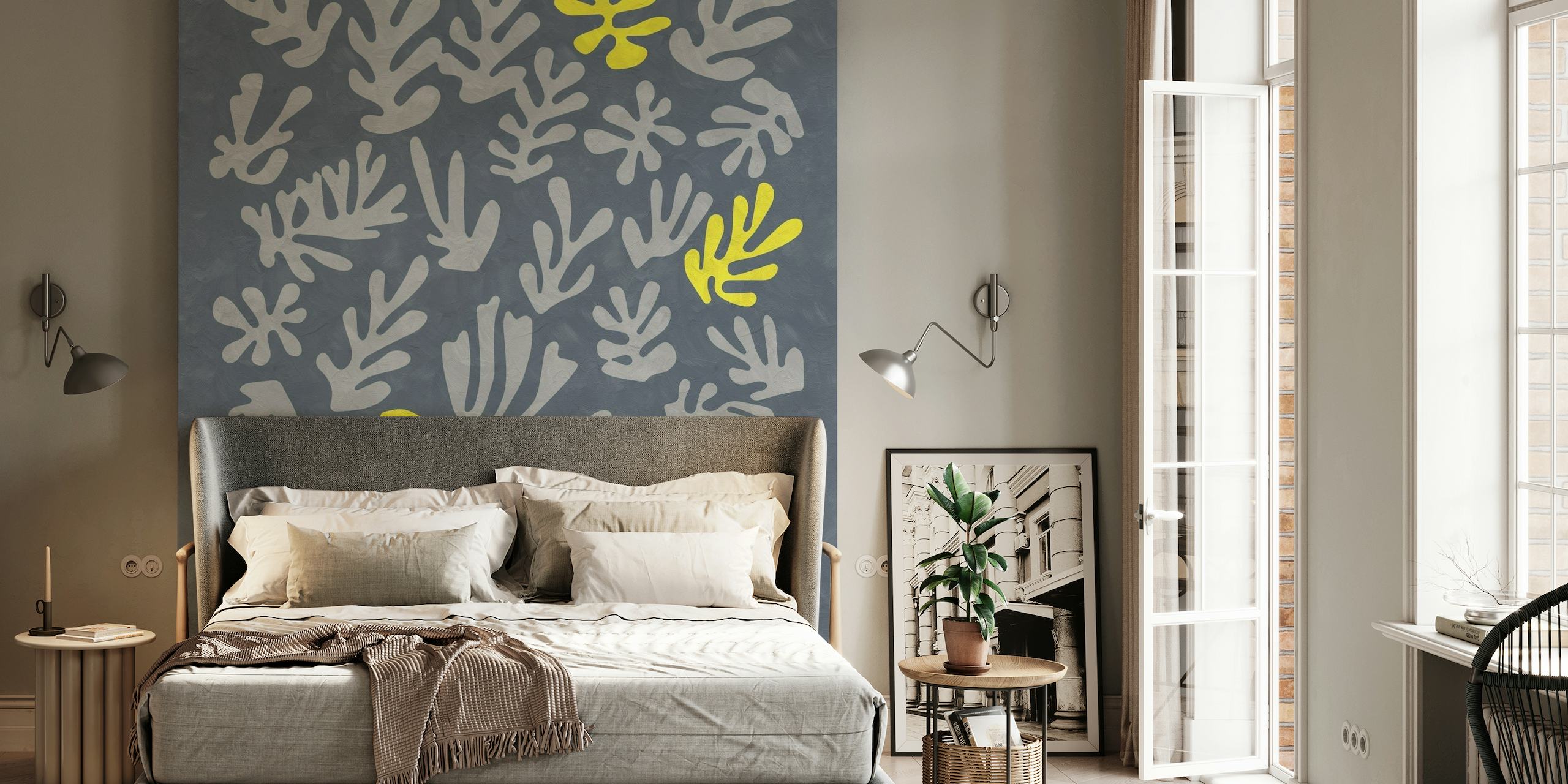 Abstrakti kasvitieteellinen keltainen Matisse-inspiroima kuvio harmaalla taustamaalauksella