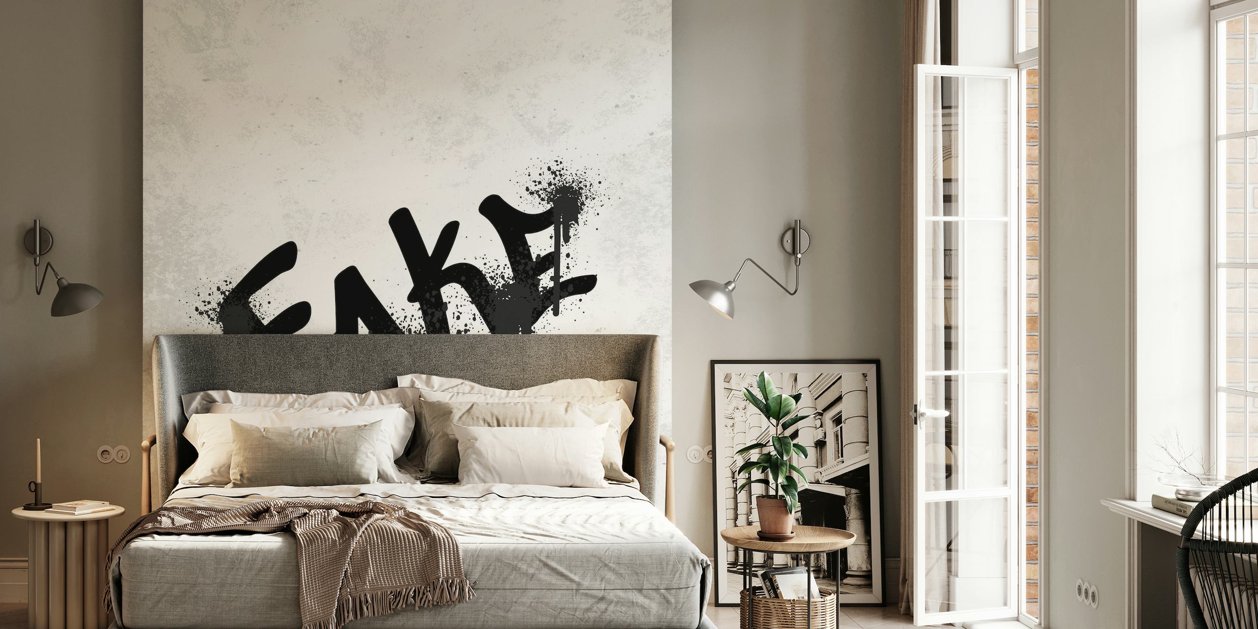 Grafite preto lendo 'FAKE' em um mural de parede com fundo texturizado de mármore branco