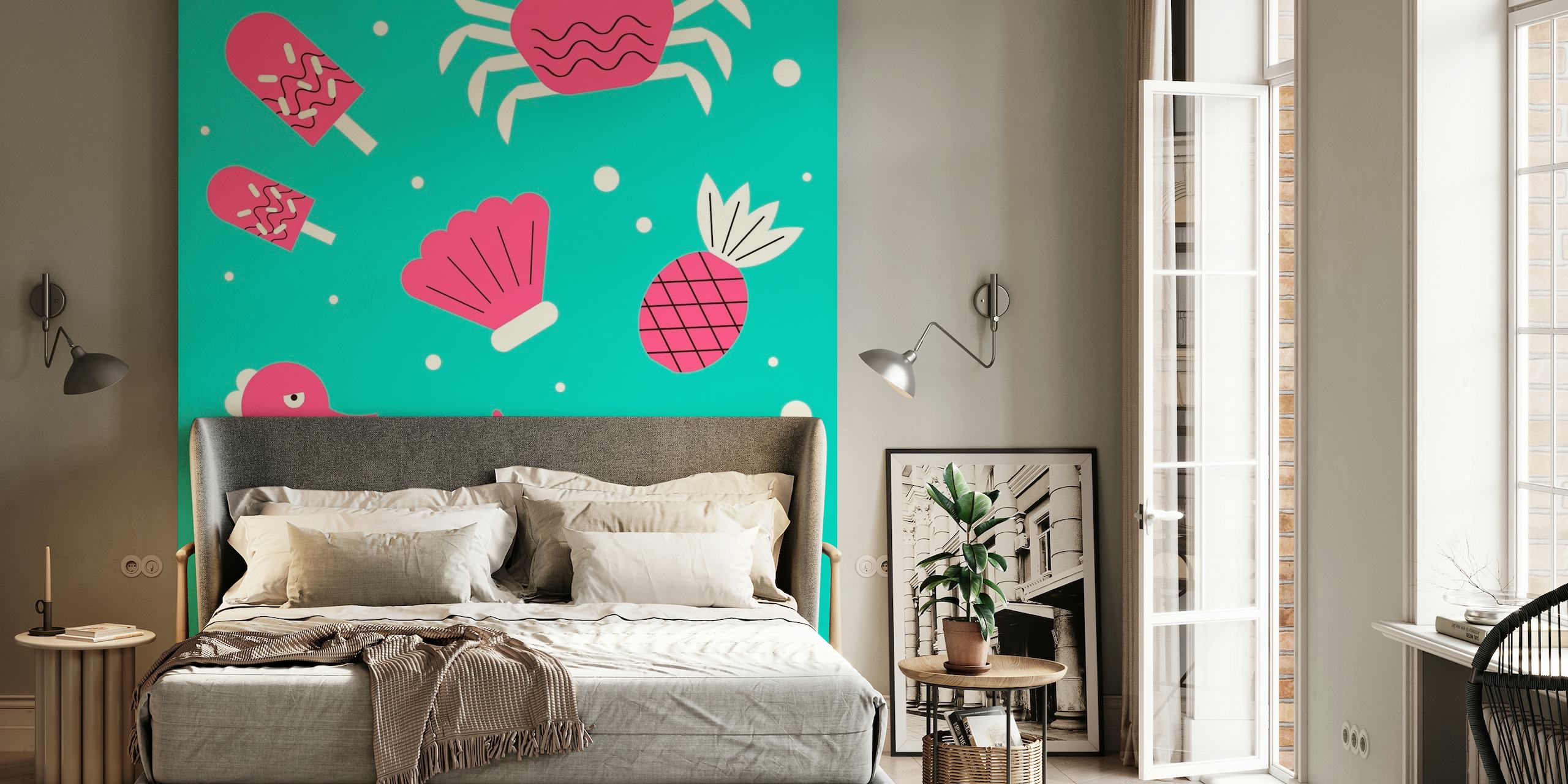 Miami Summer wall mural with cartoon flamingo, crab, pineapple, and other summer icons on aqua background