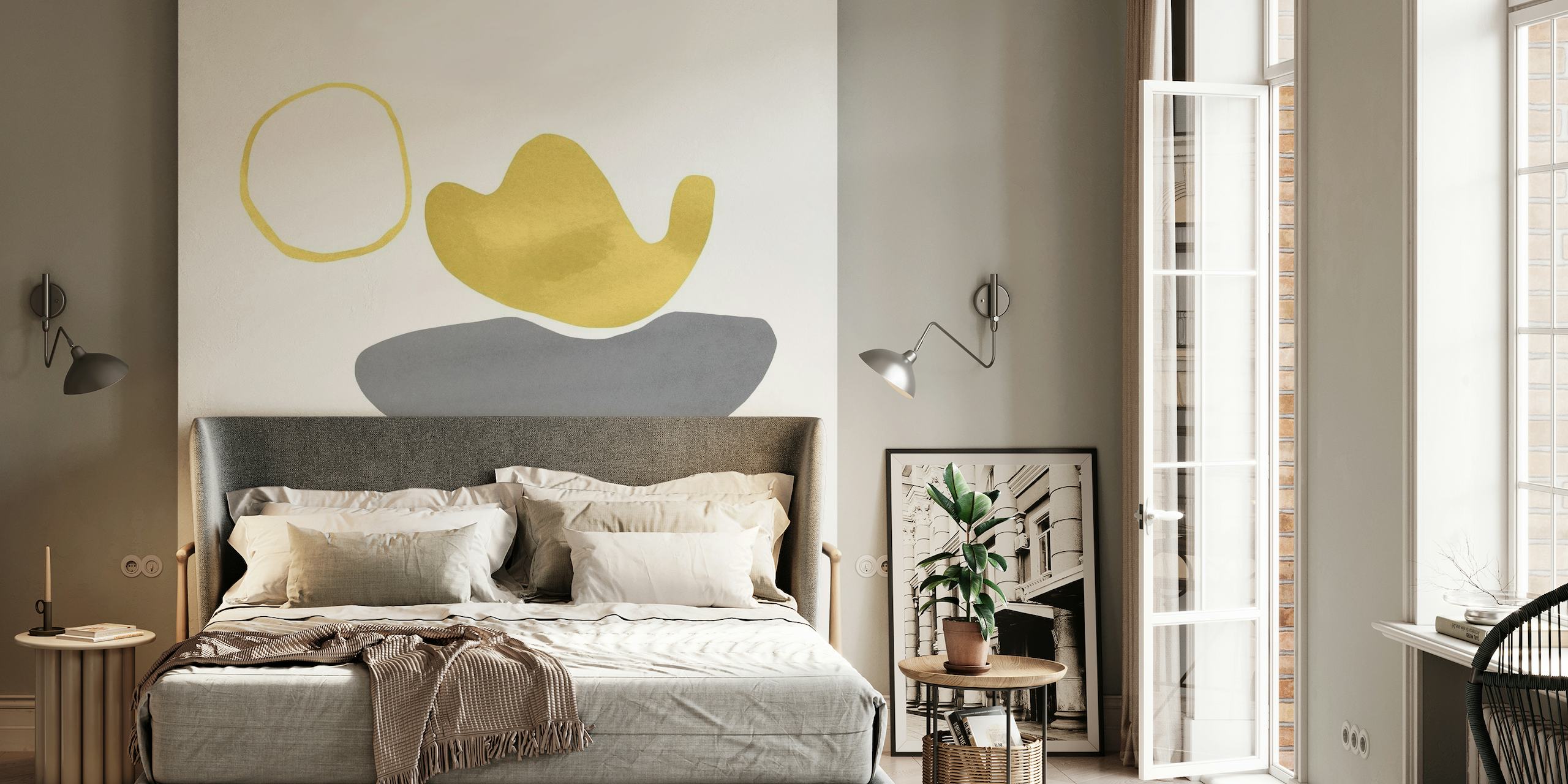 Abstract Yellow Vase wall mural with modern grey shapes