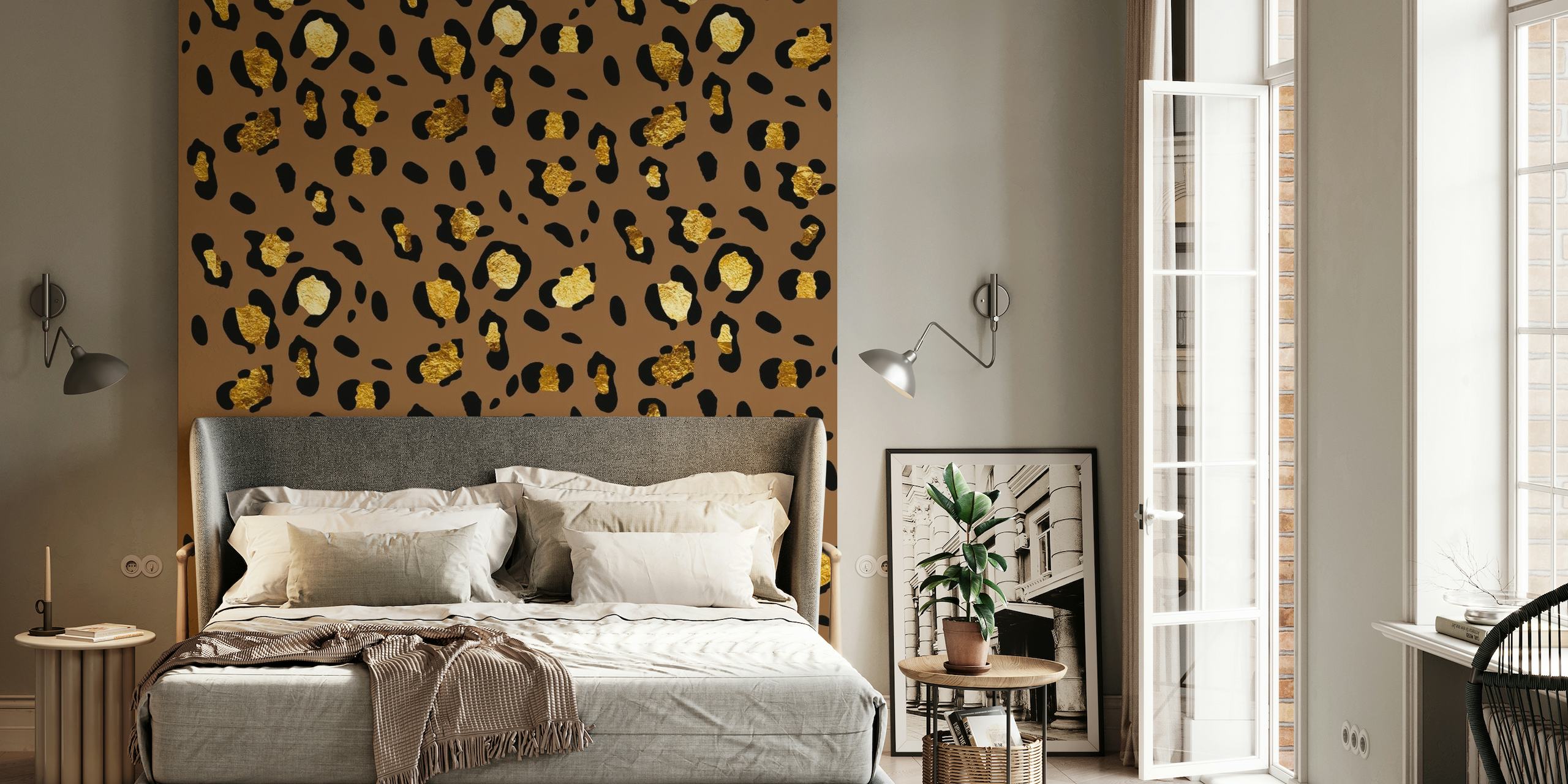 Leopard Animal Print Glam 29 vægmaleri med gyldne pletter på en kaffefarvet baggrund