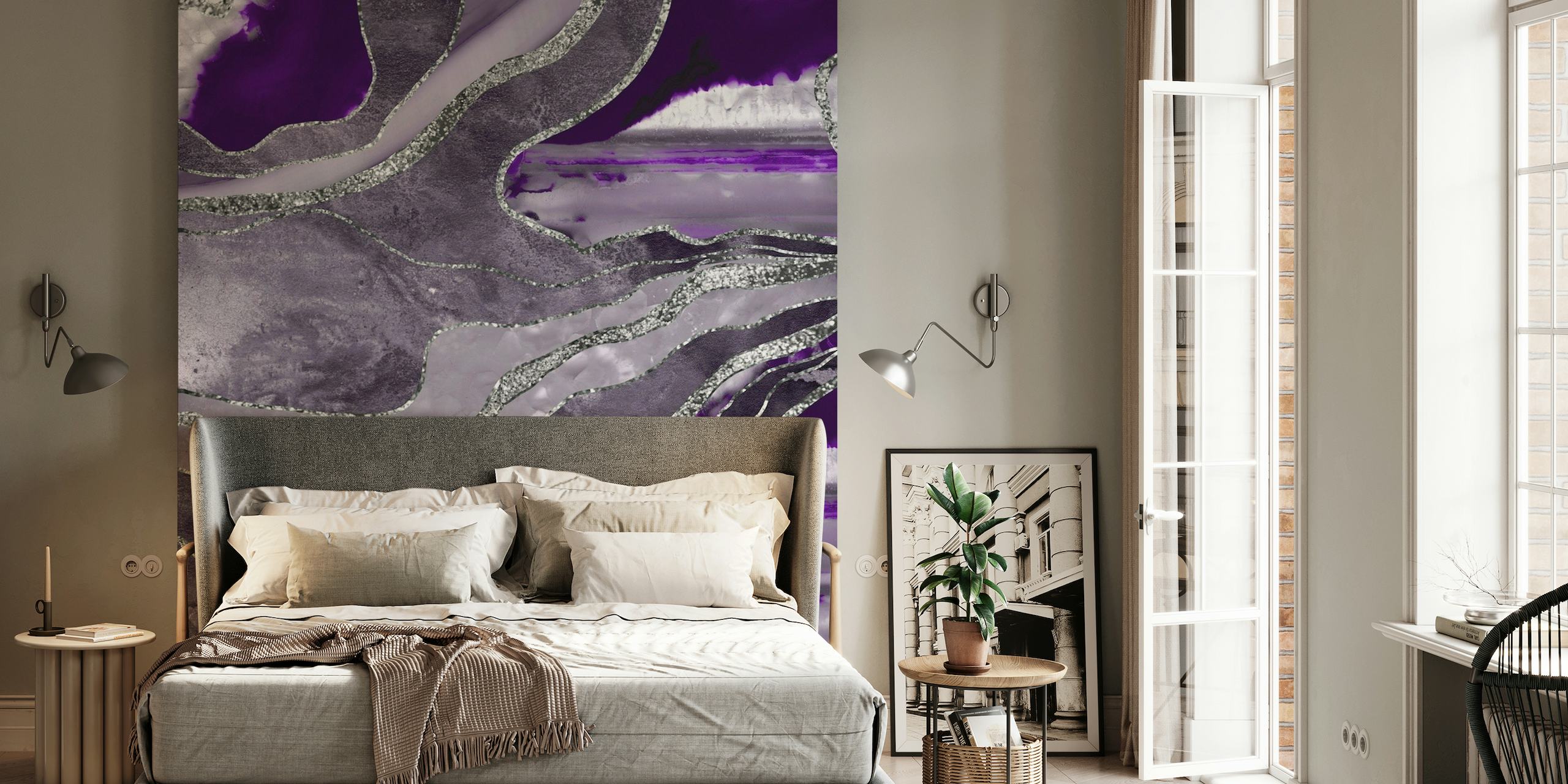 Papier peint mural sticker agate marbre abstrait violet et argent