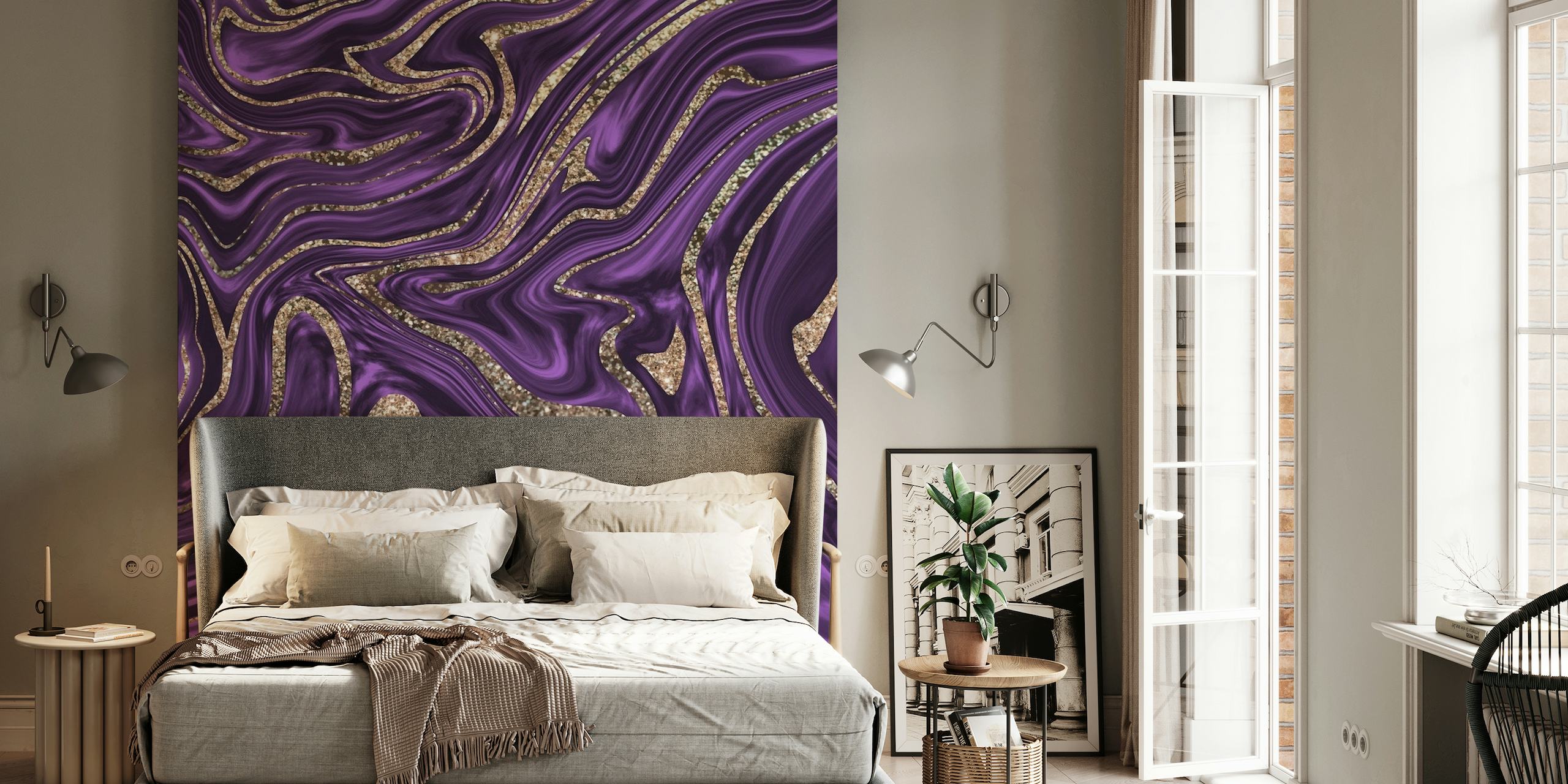 Papier peint mural élégant à sticker de tourbillon de paillettes violettes, noires et dorées