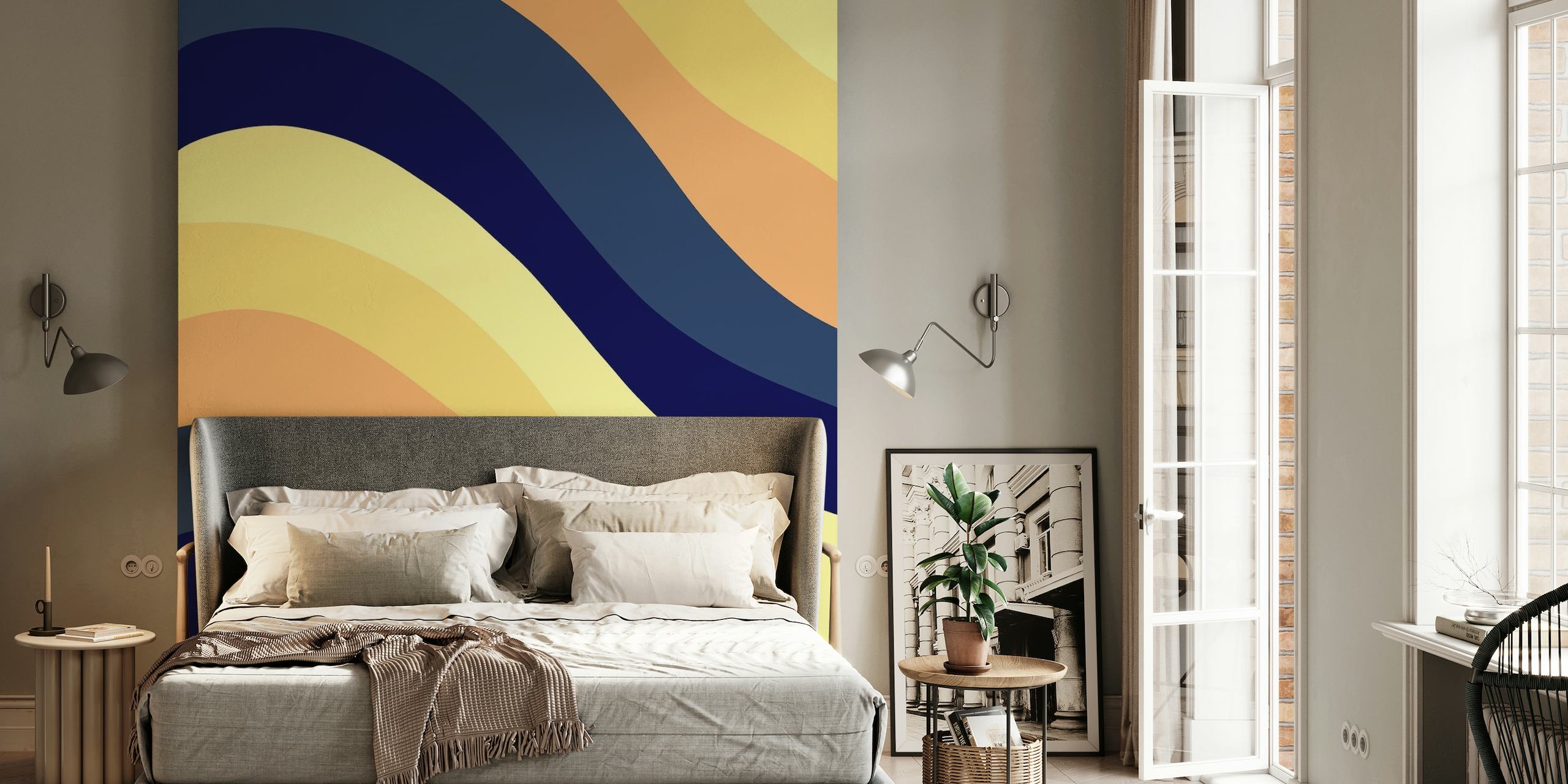 Abstract navy blue, yellow, and orange waves wall mural design
