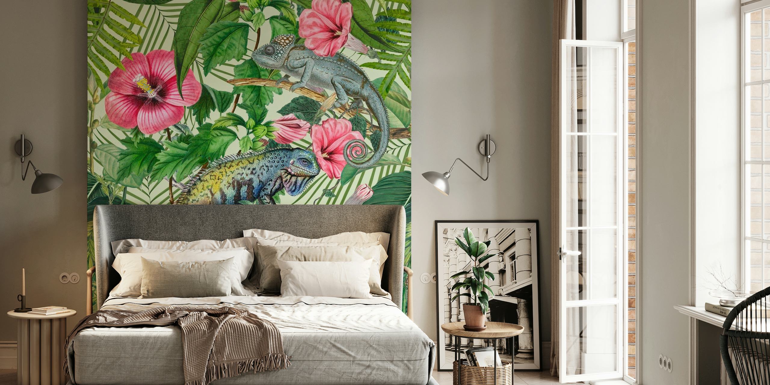 Wall mural with iguanas nestled among tropical green leaves and pink hibiscus flowers