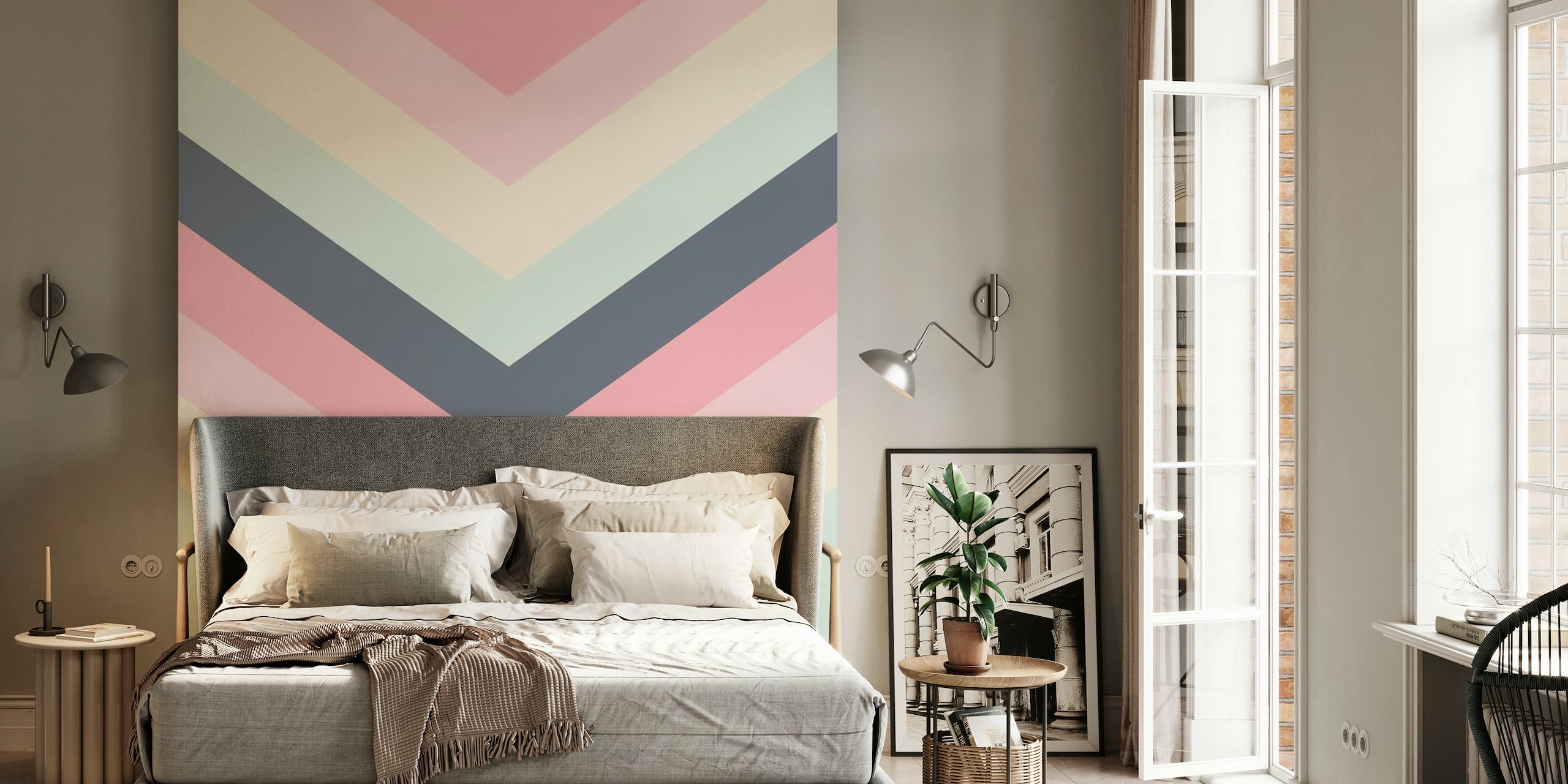 Retro Summer Chevron patterned wall mural featuring pastel colors and a vintage design